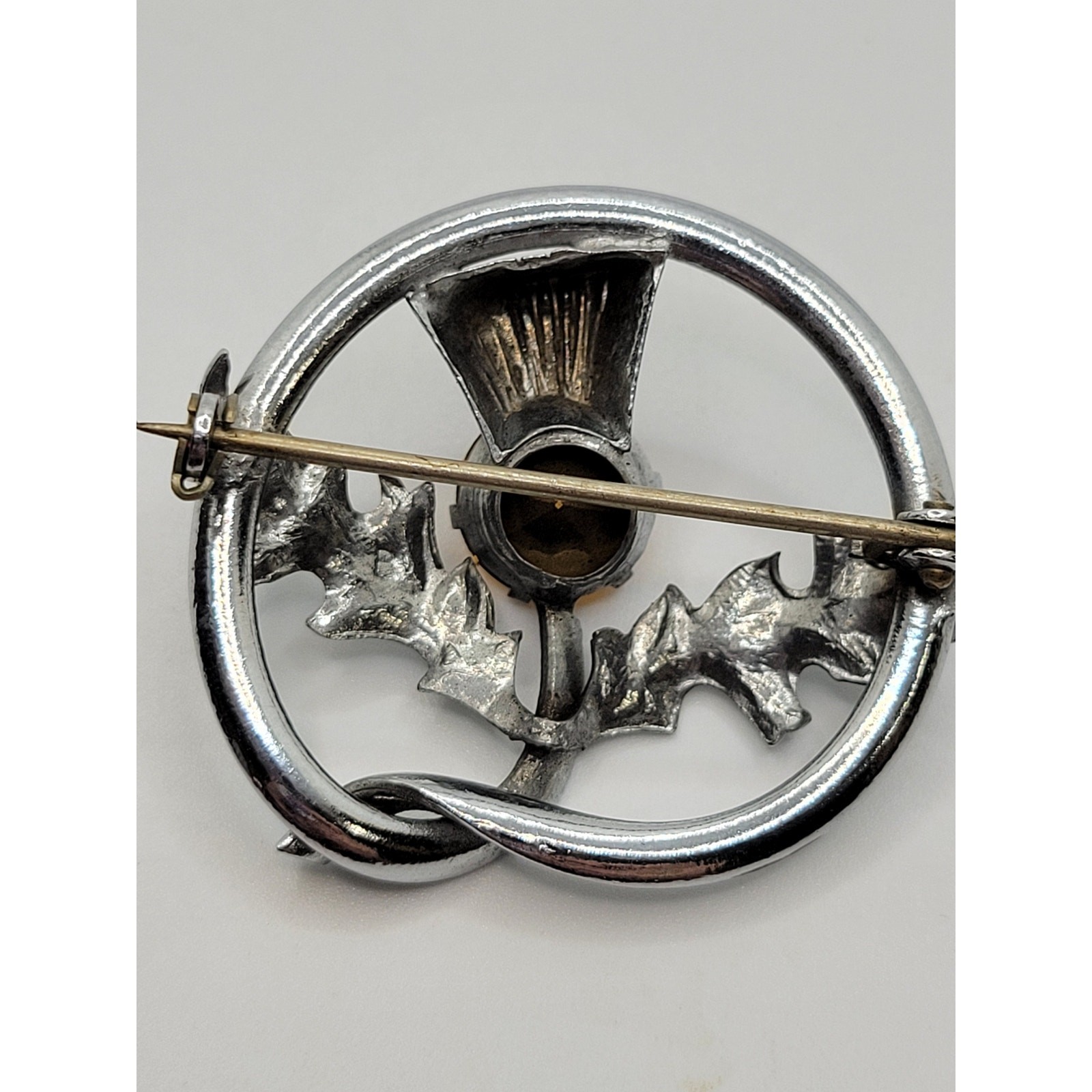 Scottish Thistle Brooch Kilt Shawl Pin Silvertone Orange Rhinestone Vintage
