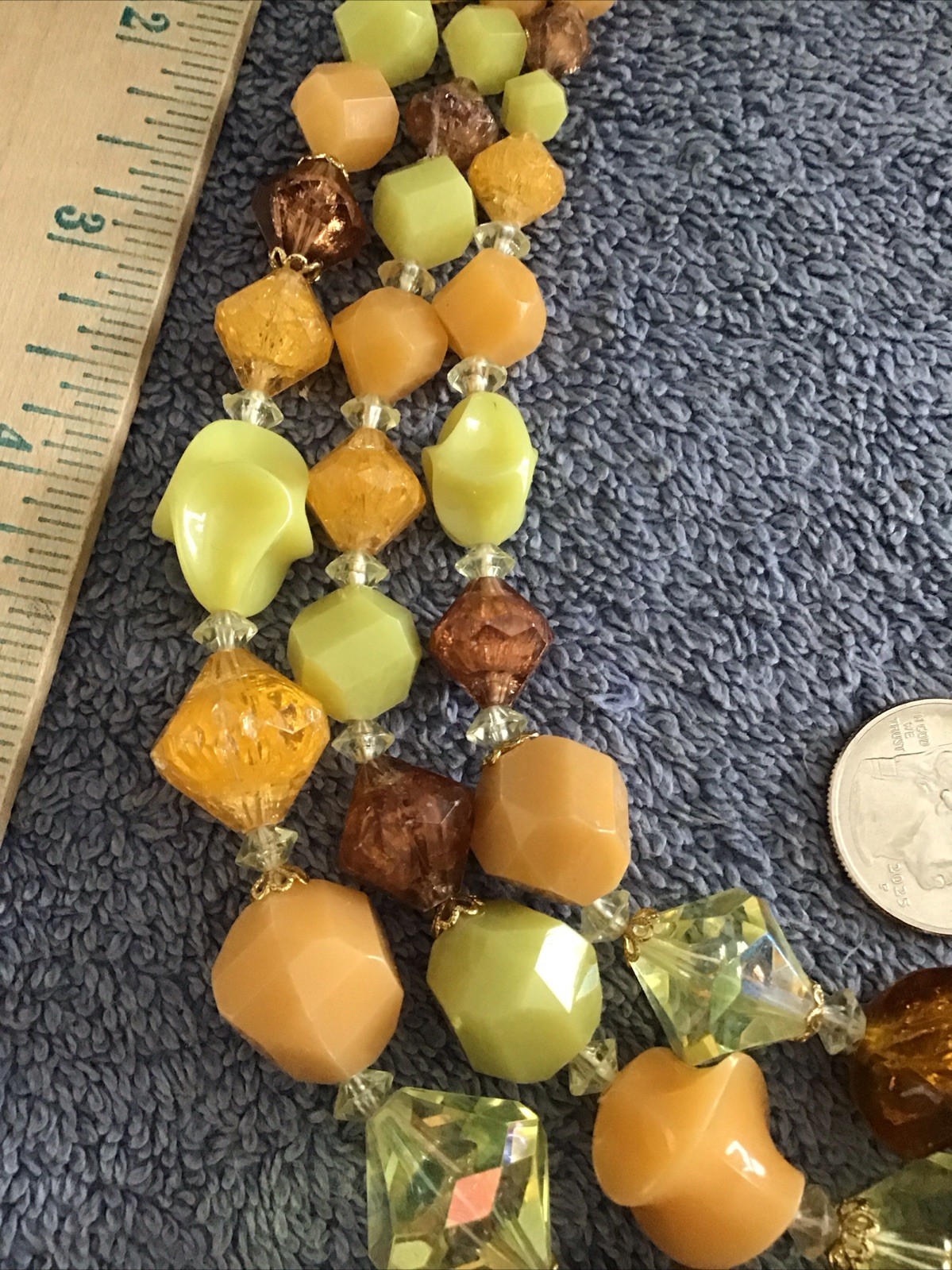 Vtg Germany Bead Necklace Triple Strand Yellow Orange Chunky Acrylic Lucite
