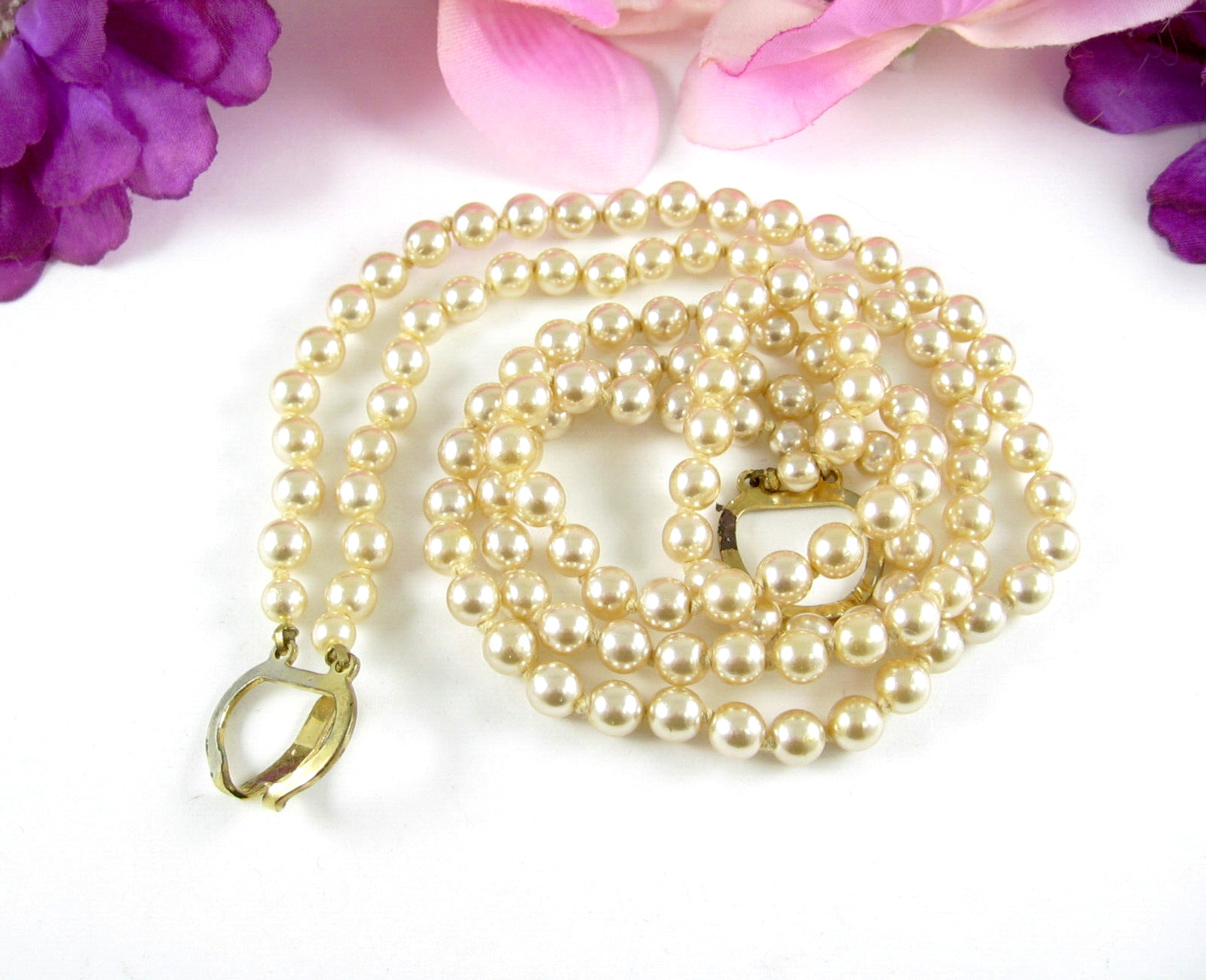 Necklace GLASS FAUX PEARL BEADS Imitation 2 Double Strand Vintage Beaded Knotted