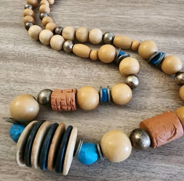 Wooden Turquoise Beaded Necklace 18 In Statement Bohemian African Disk Vintage