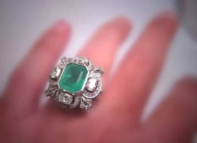 3 Ct Emerald Vintage Art Deco Five Stone Cocktail Wedding Ring 14K White Gold FN