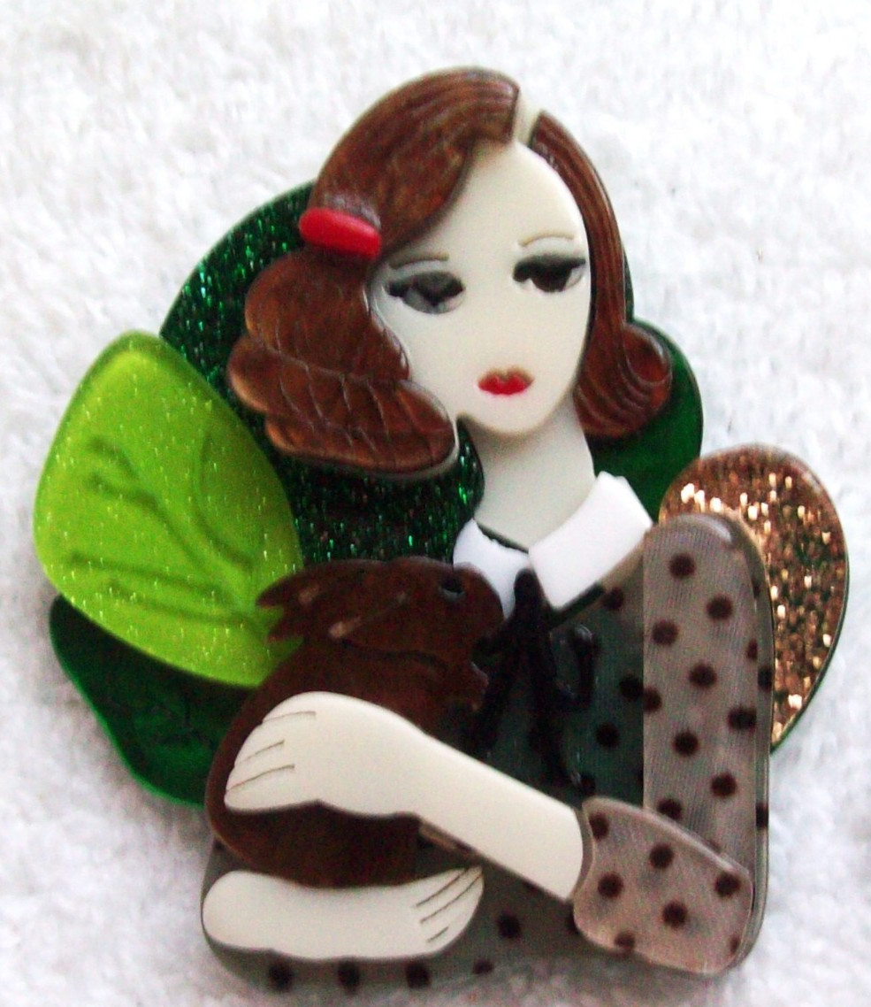 Vintage Fashion Lady with Pet Rabbit Layered Acrylic Pin or Brooch – NWOT