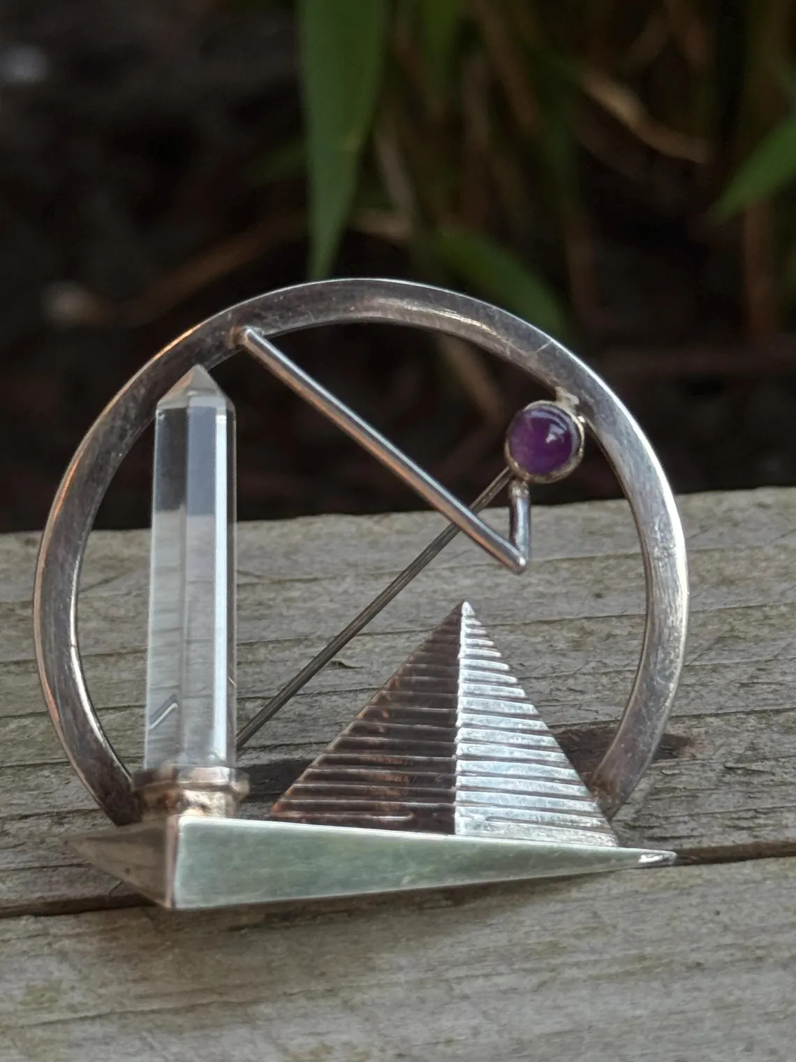Artisan vintage brooch 925 sterling silver Bergkristall Amethyst