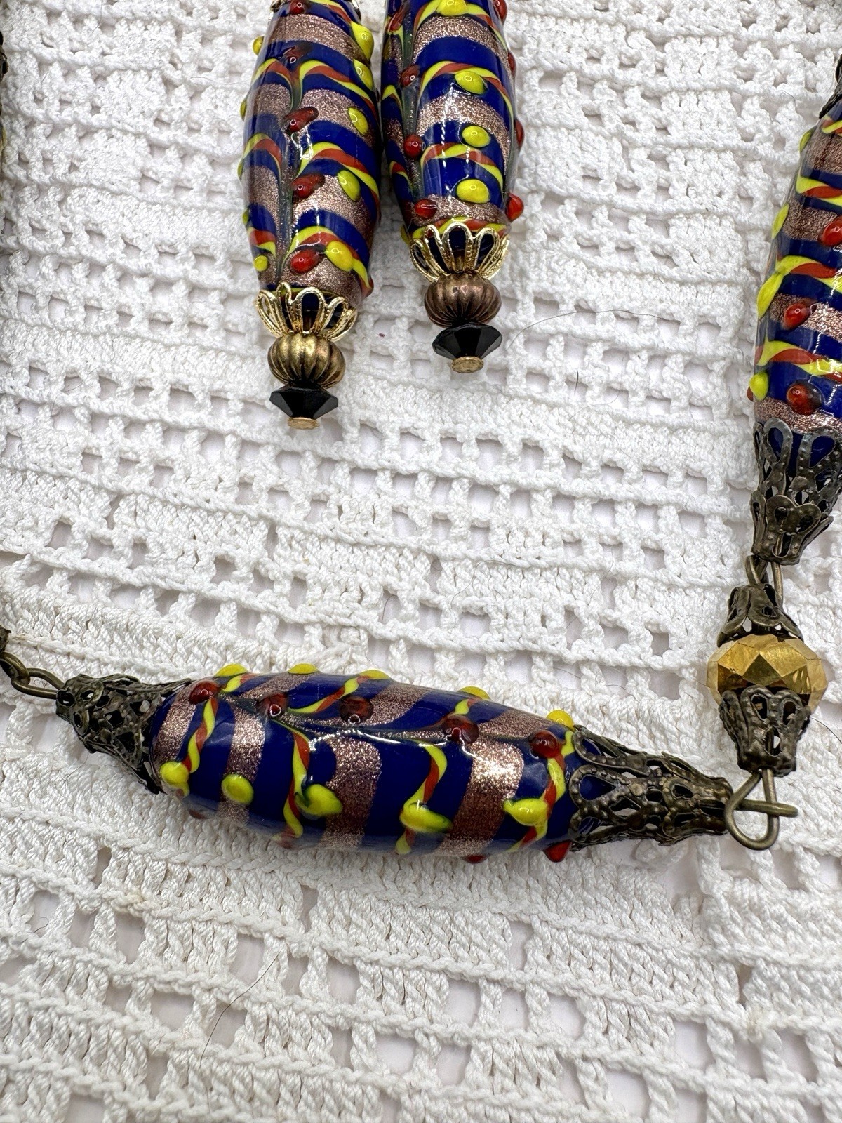 Vintage Czech Lampwork Trailed Aventurine Multicolor Bead Necklace Earring Set