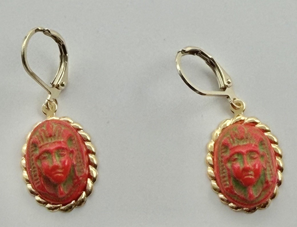 Upcycled Neiger Bros Red & Green Egyptian Pharaoh Face Czech Art Glass Earrings