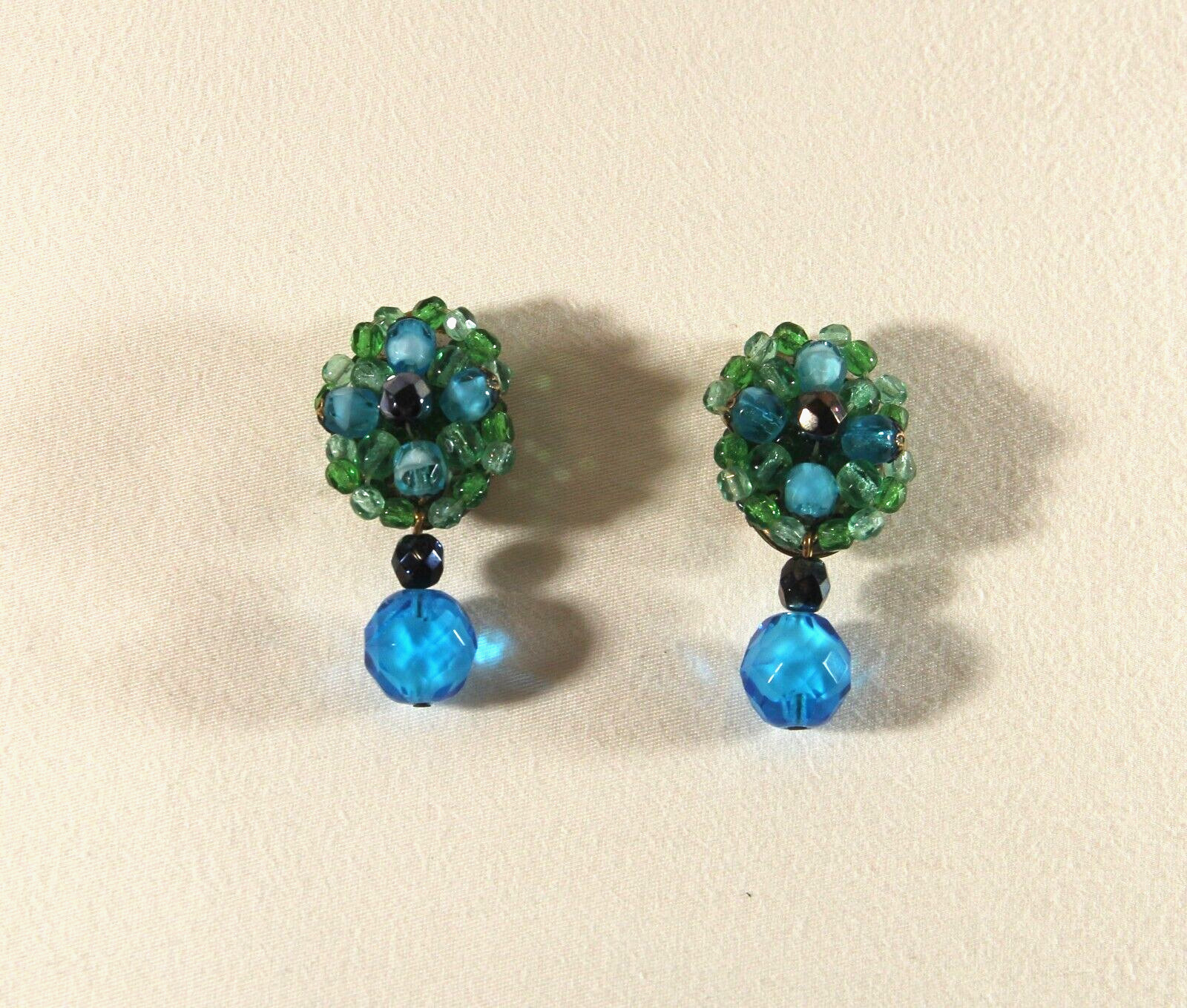 Vintage W Germany Dangle Cluster Clip Earrings Blue & Green Glass Faceted Beads