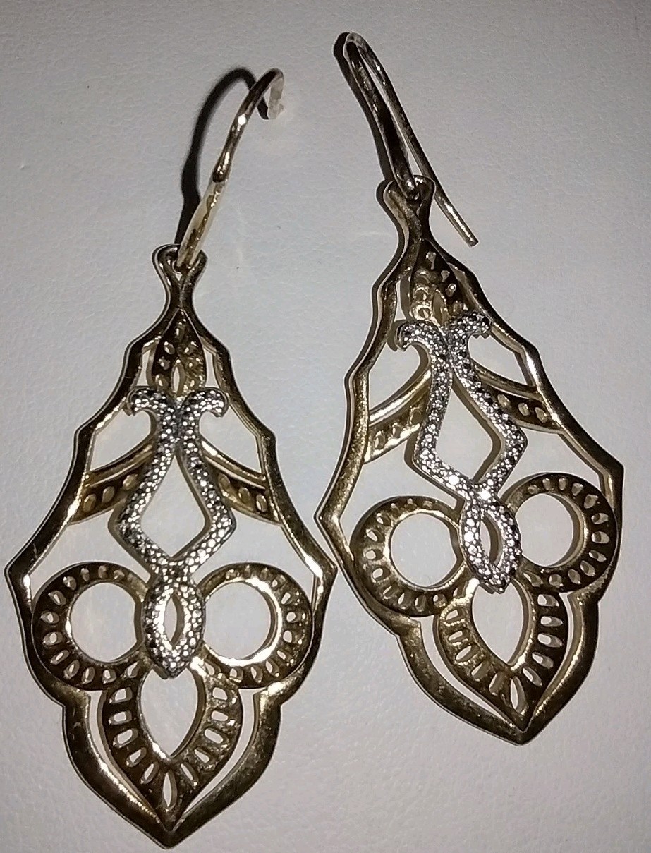 Large Gold + Silver Tone Dangle Earrings Very Pretty Unknown Designer Signed IS