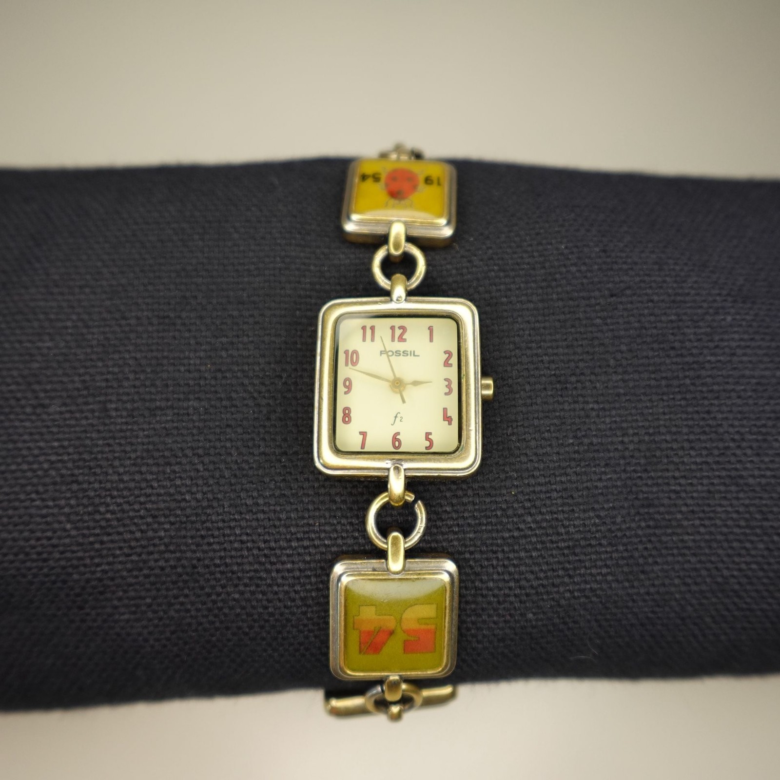 Vintage Fossil Charm Bracelet Watch with Pineapple and Ladybug Charms