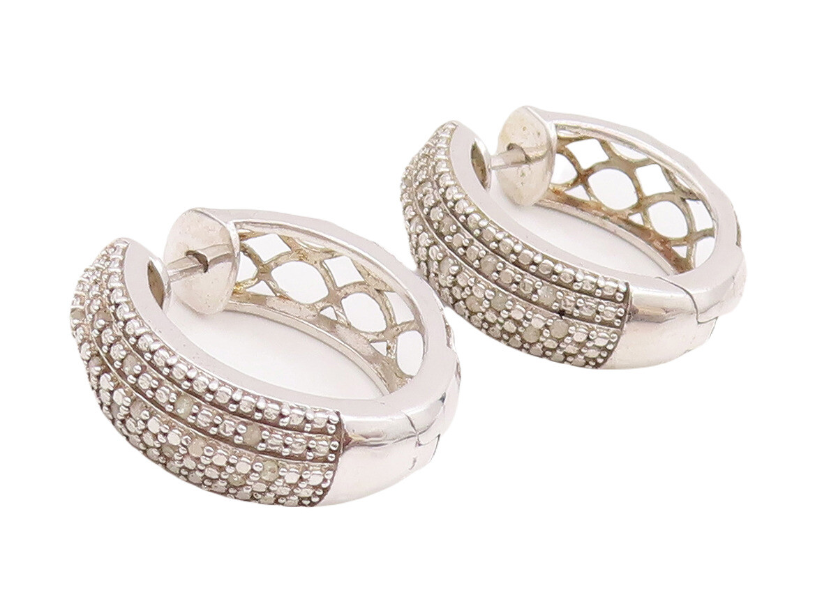 925 Sterling Silver Vintage Earrings Cutout Solid Diamonds Inlay Hoops EG13066
