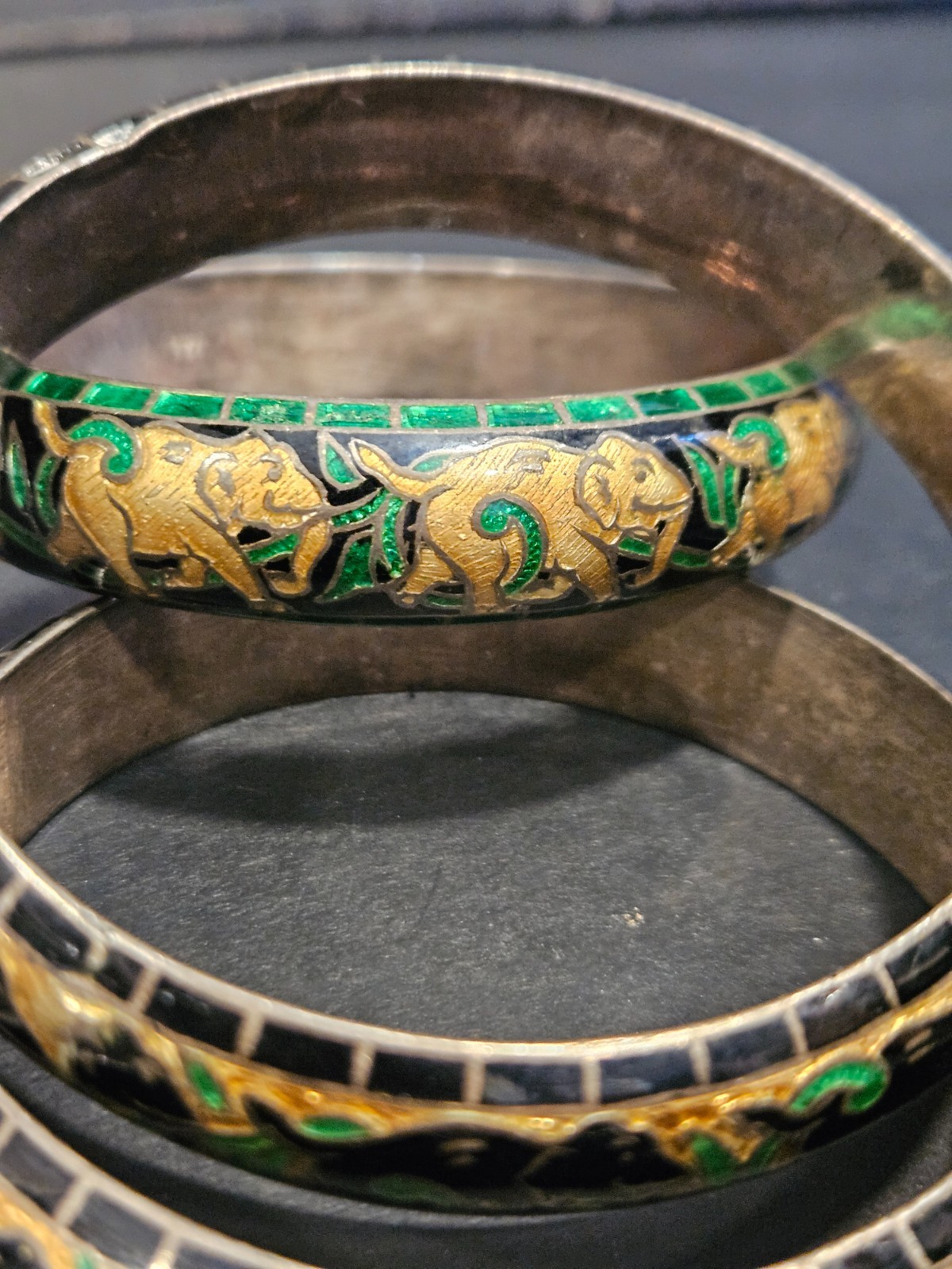 Set of 3 bracelets 925 Sterling Cloisonne Enamel Jaipur, India Turq/Green/Blue