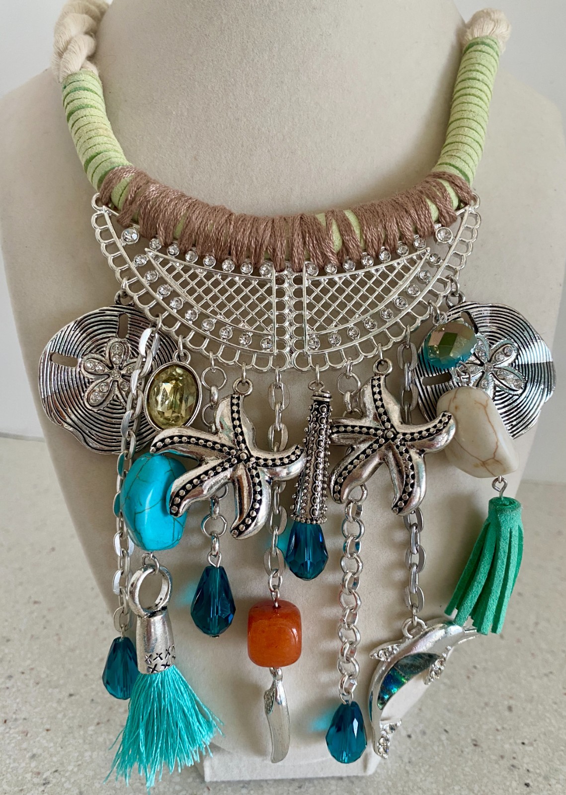 Boho Style Coastal Beach Statement Necklace Silver Tone Bib Bohemian Starfish