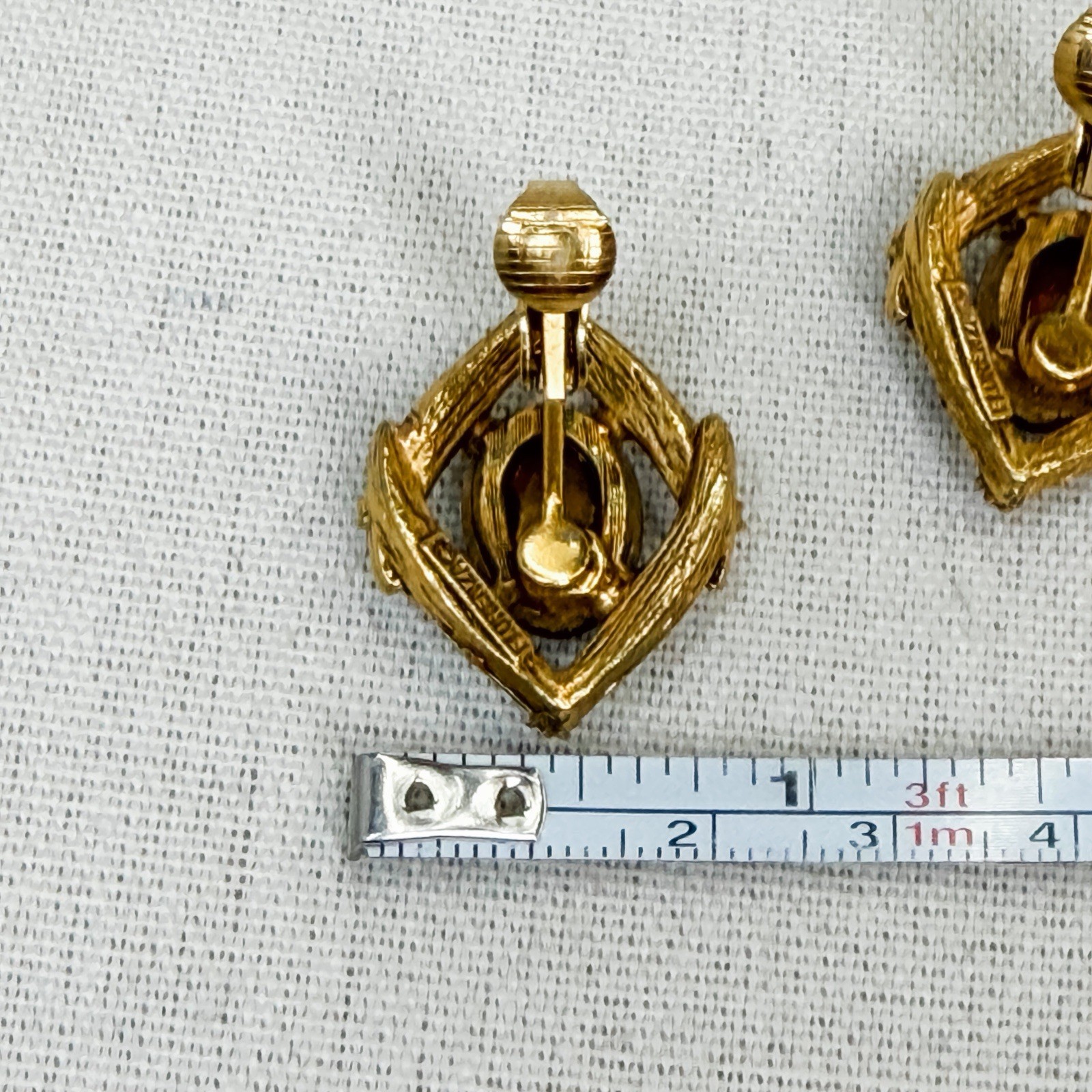 Vintage Florenza Victorian Shield Brooch & Earrings Set Gold Amber Pearl Glass