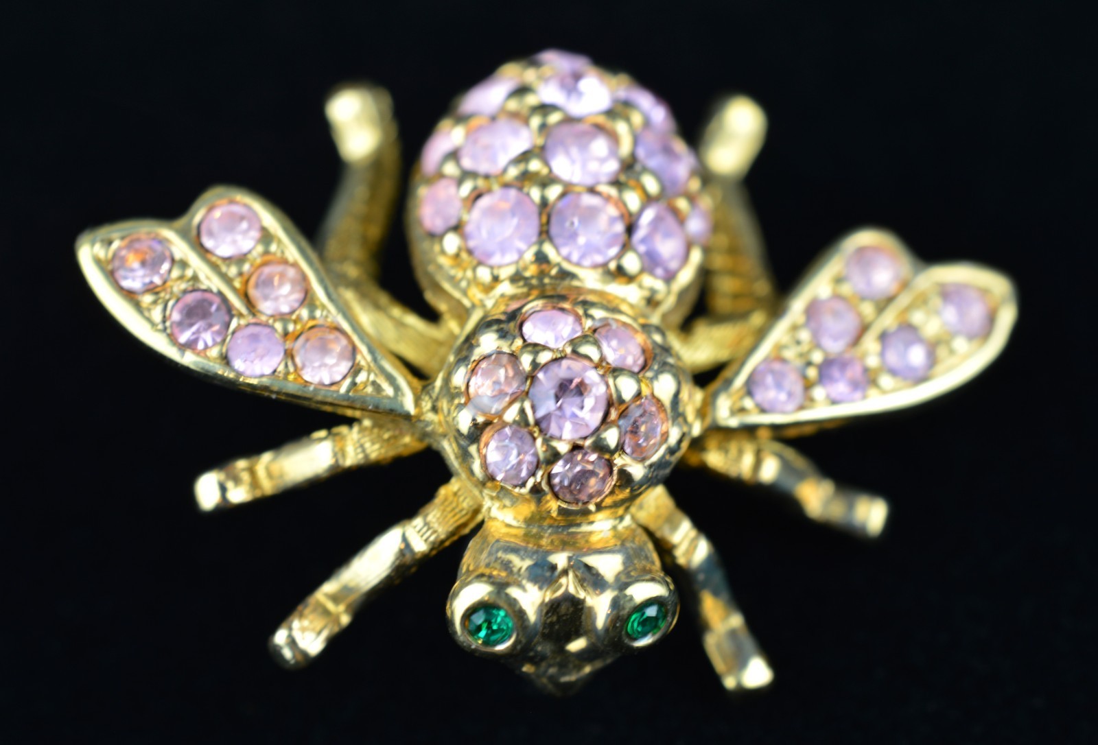 Joan Rivers Bee Pin Signed Pink Rhinestone Brooch Gold Tone Green Eyes Vtg