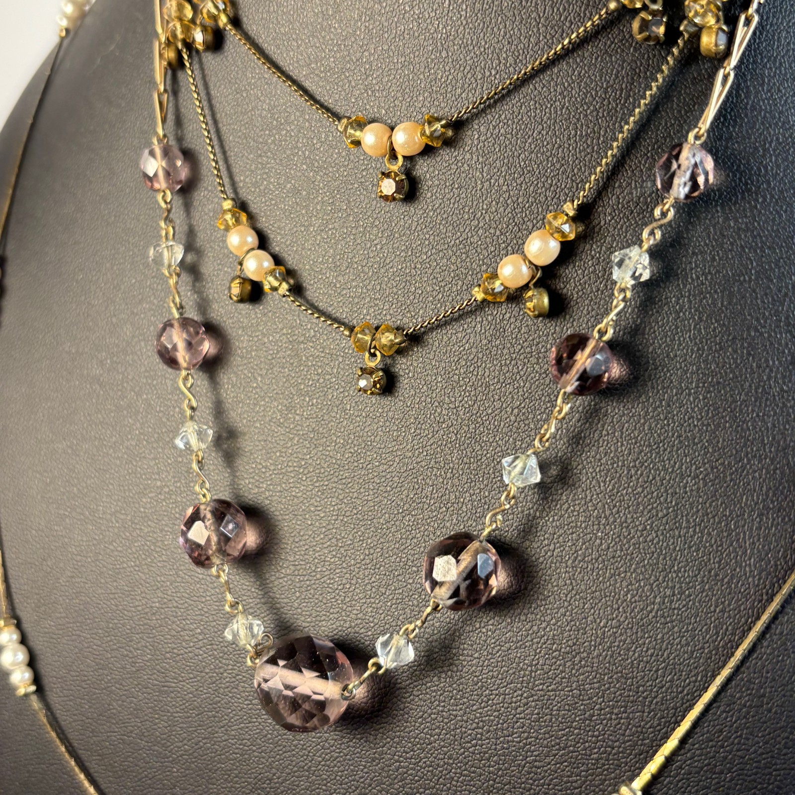 Necklace Lot Gold Tone Pearl Lavender Cut Glass Beads Delicate Romantic