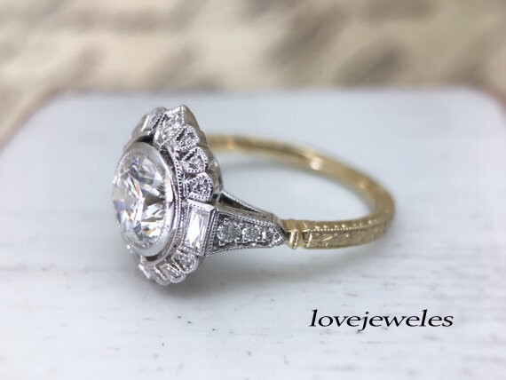 2.75CT Lab-Created Round Cut Diamond Vintage Art Deco Ring 14K 2-Tone Gold Over