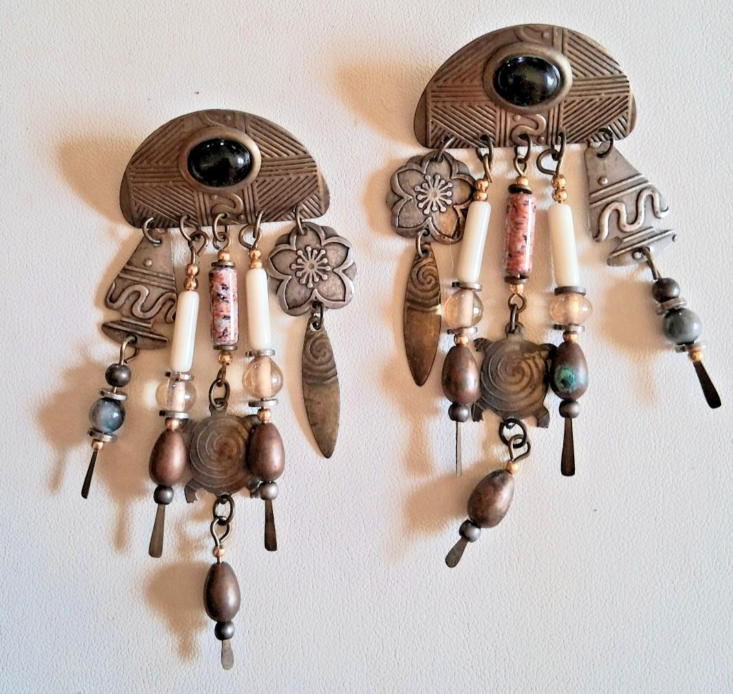 Old Hippy Style post earrings! Circa 1980 ! Turtles n Fish spikes Mixed Metals