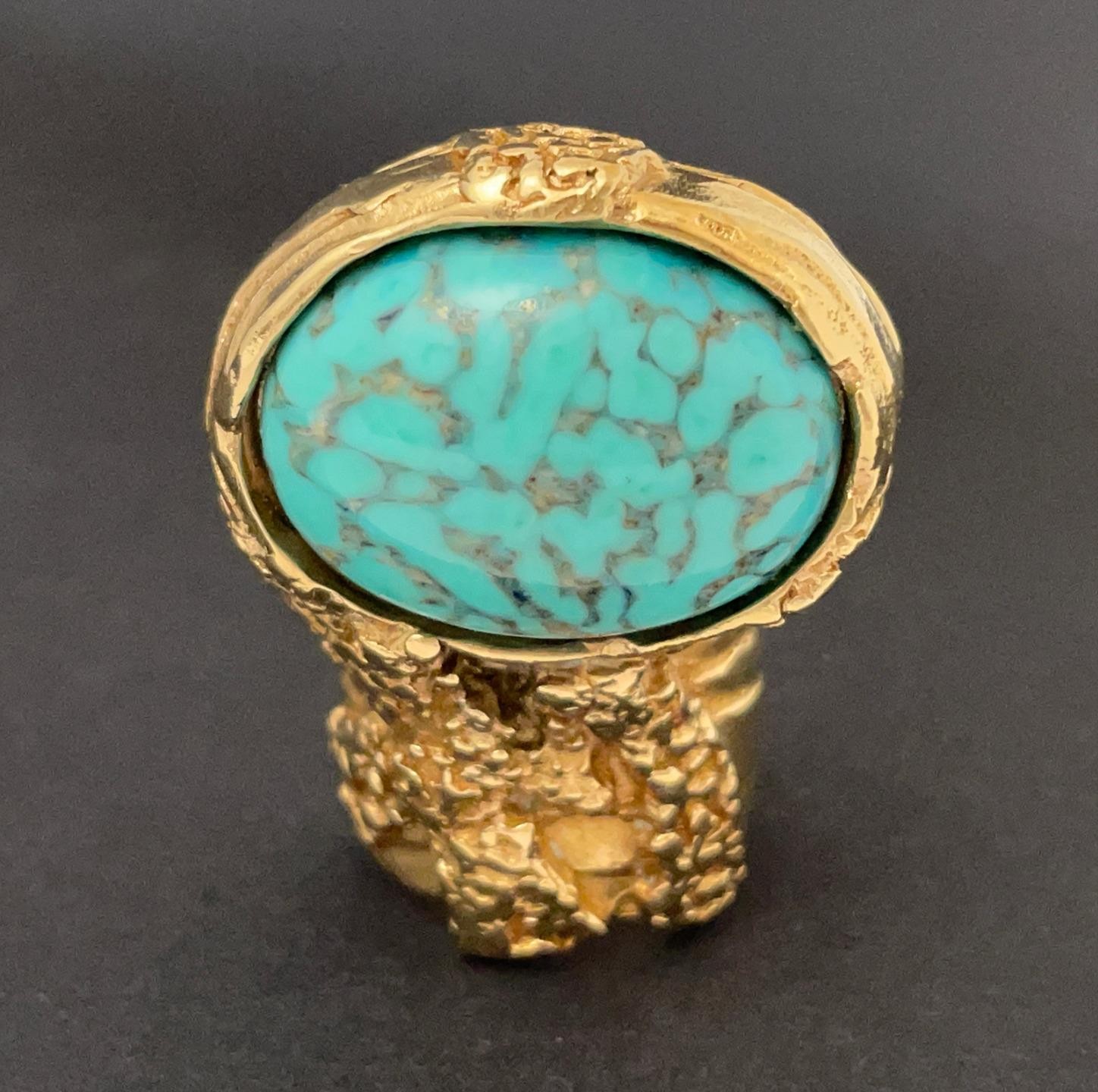YVES SAINT LAURENT ARTY RING GOLD TONE TURQUOISE GLASS CABOCHON YSL SIZE 5
