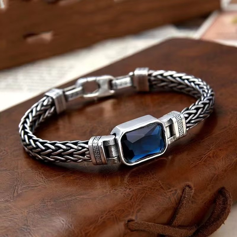 S925 Sterling Silver Couple Style Hand-Knitted Bracelet Old Vintage Stone Men