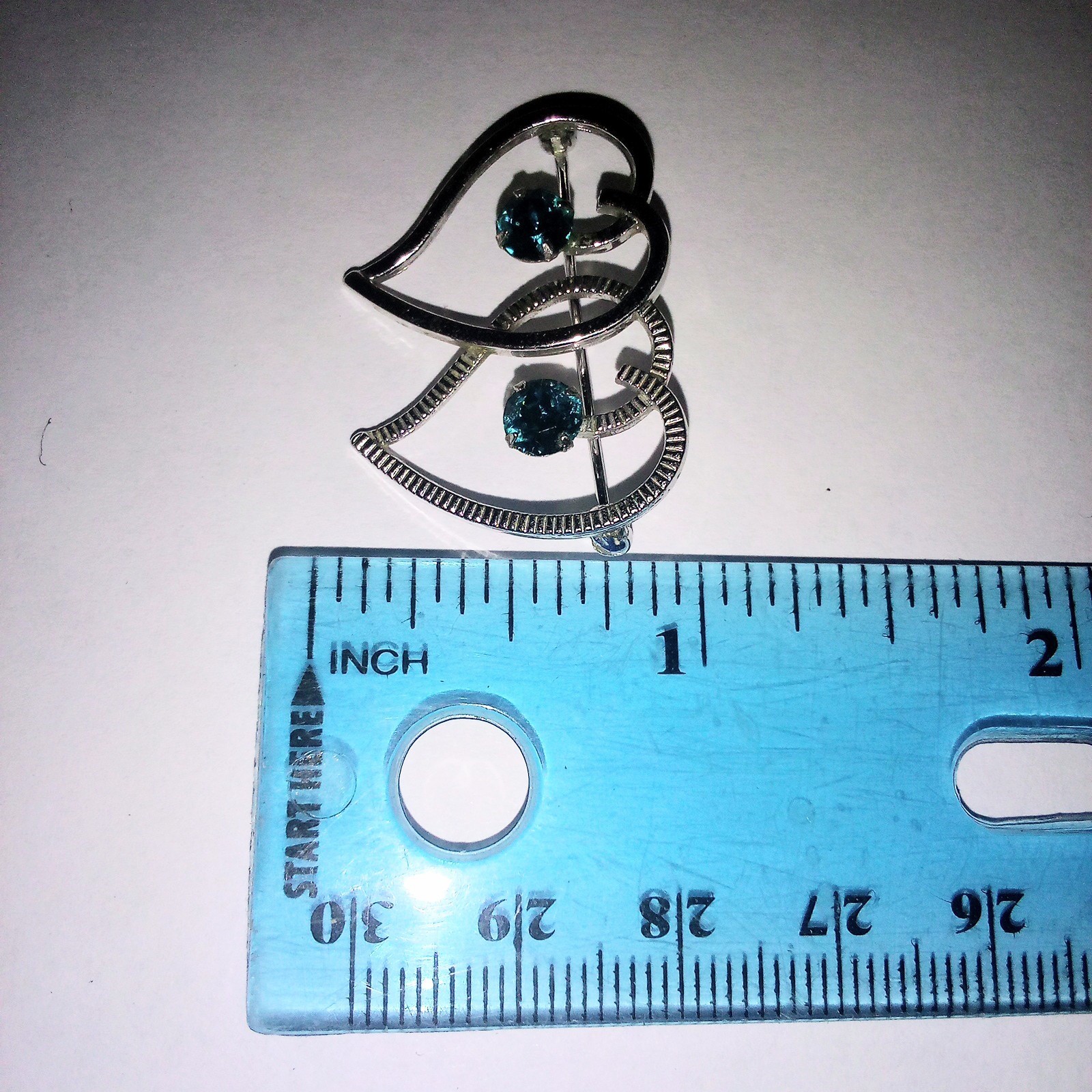 Vintage Van Dell Signed Sterling Silver Double Heart Brooch December Blue Zircon