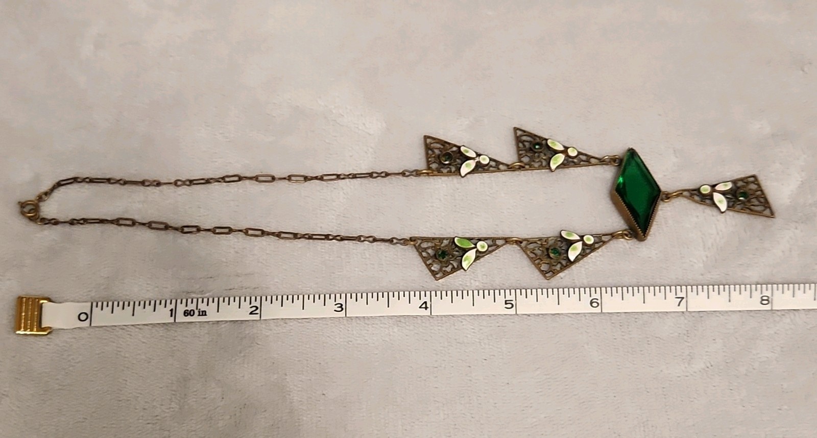 Vintage 1920’s transition style brass, enamel, green glass paste necklace