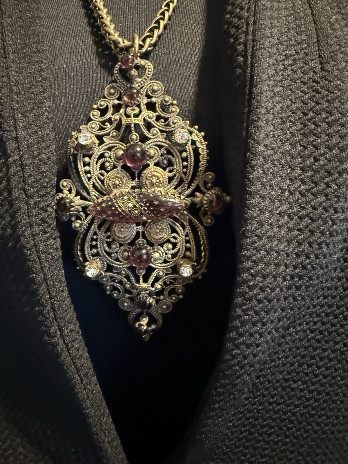 12.71 Vintage Gothic Filigree Pendant Necklace Purple Glass Rhinestone Statement