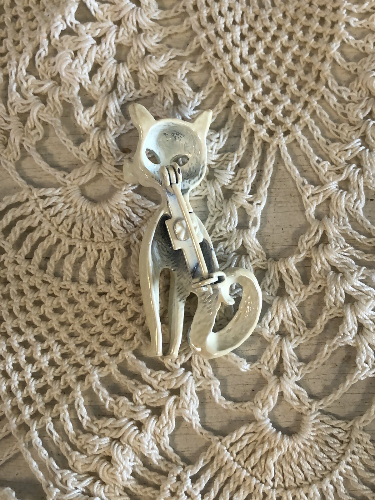 Two Vintage Brooches Flower Wheelbarrow & Iridescent White Cat Beautiful Pins