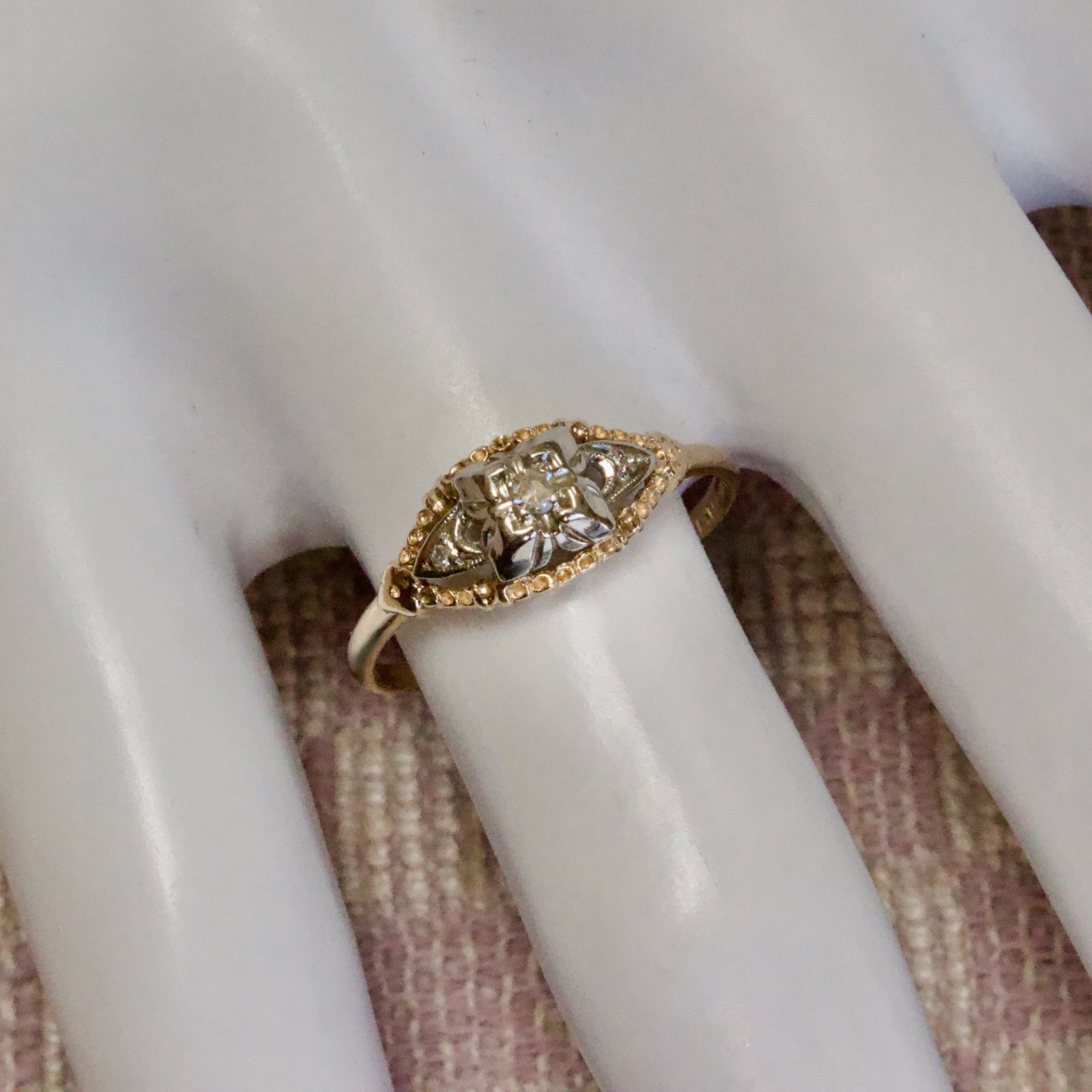 VINTAGE 14K YELLOW GOLD OPEN WORK NATURAL MINED DIAMOND RING (size six)