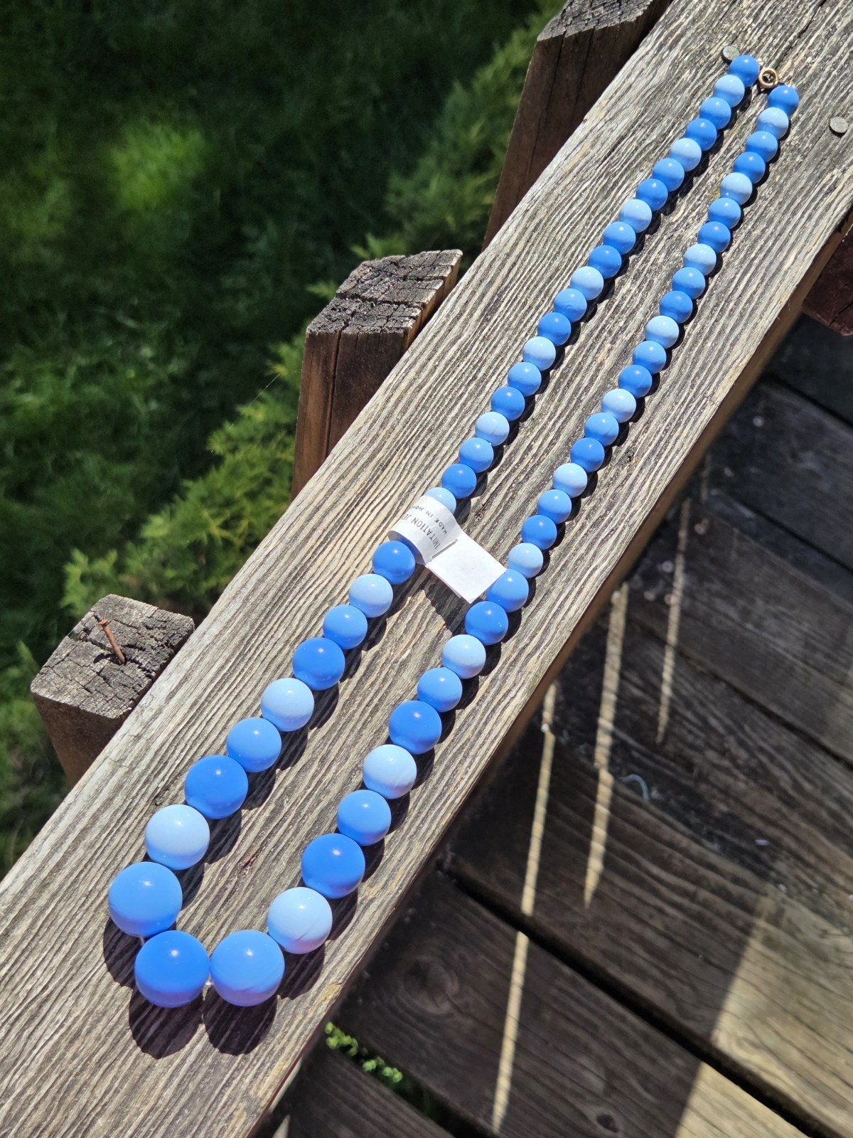 Vintage Hong Kong Blue Plastic Beaded Necklace Graduated Long Chunky Deadstock