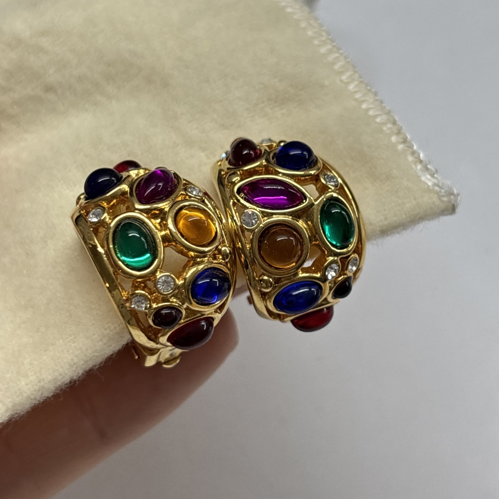 Vtg Franch Multicolor Cabachon Big Moon Gripoix Mogul Hoop Earrings Clip On RARE