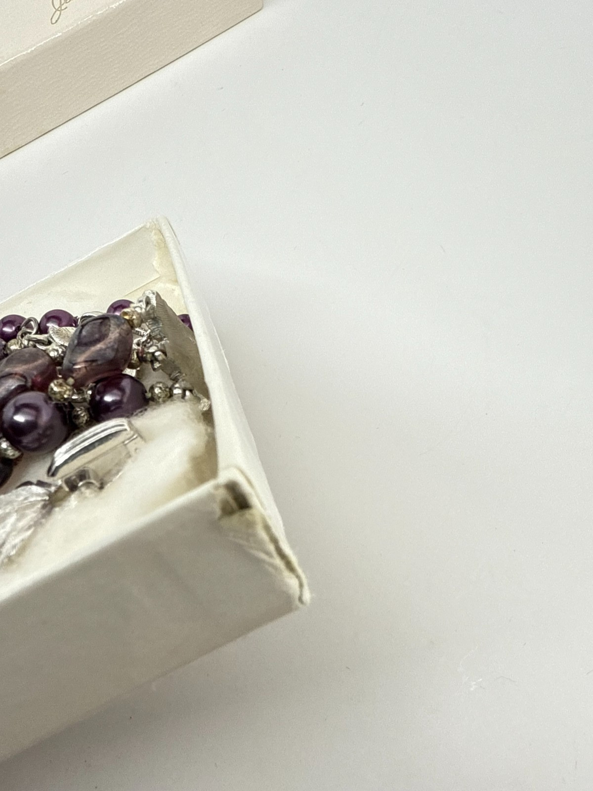 Vtg Crown Trifari purple Lucite AB Beads Demi Parure Set Silver W/ Box