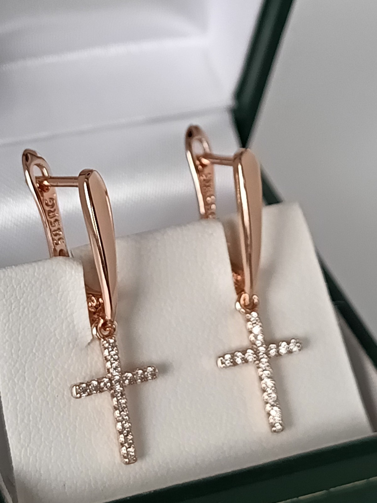 Vintage 1990-s 14 Ct Rolled Gold Long Cross Zircons Earrings-Hallmarked 585 RG