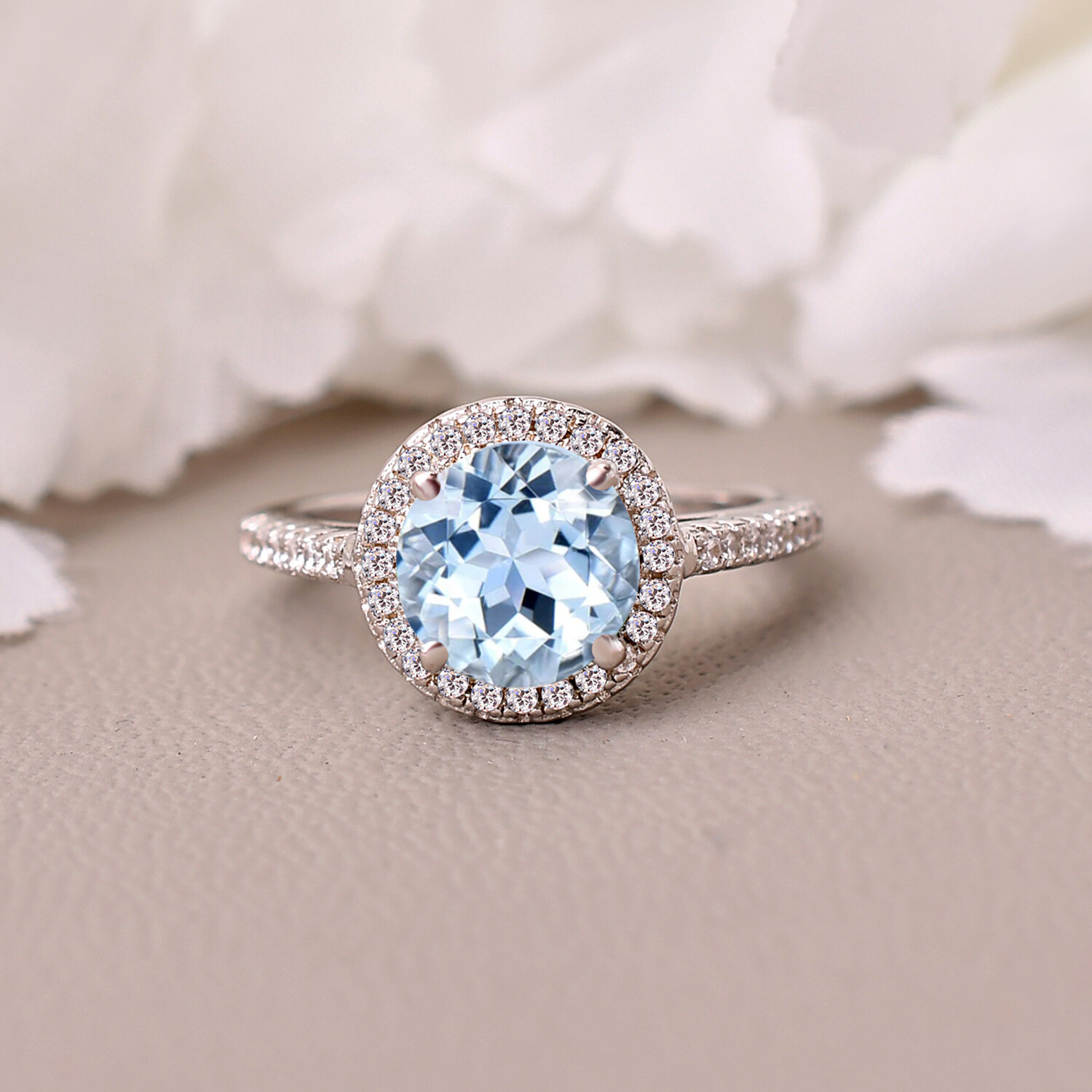 Round Cut Aquamarine Wedding Ring Anniversary Gift For Her Couple Ring Halo Ring