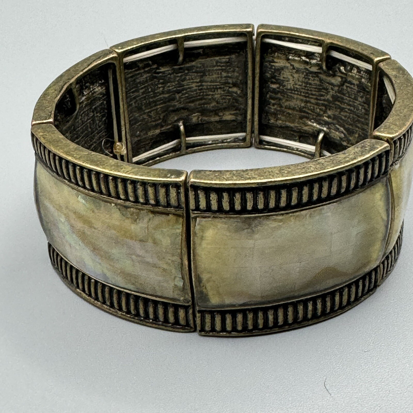 Resin Over Shell Inlay In Brass Colored Panels Stretch Bracelet Size 7 1/2”