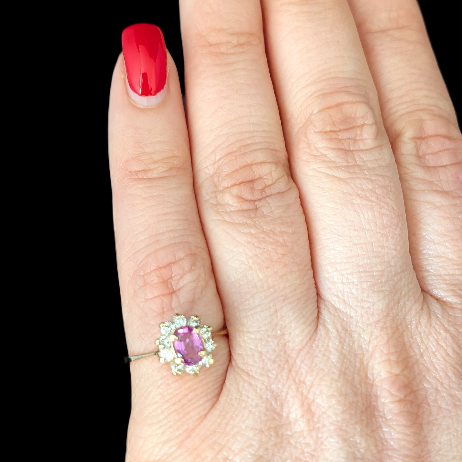 Vintage Pink Sapphire Diamonds 14k Yellow Gold Halo Ring Estate Jewelry Gift