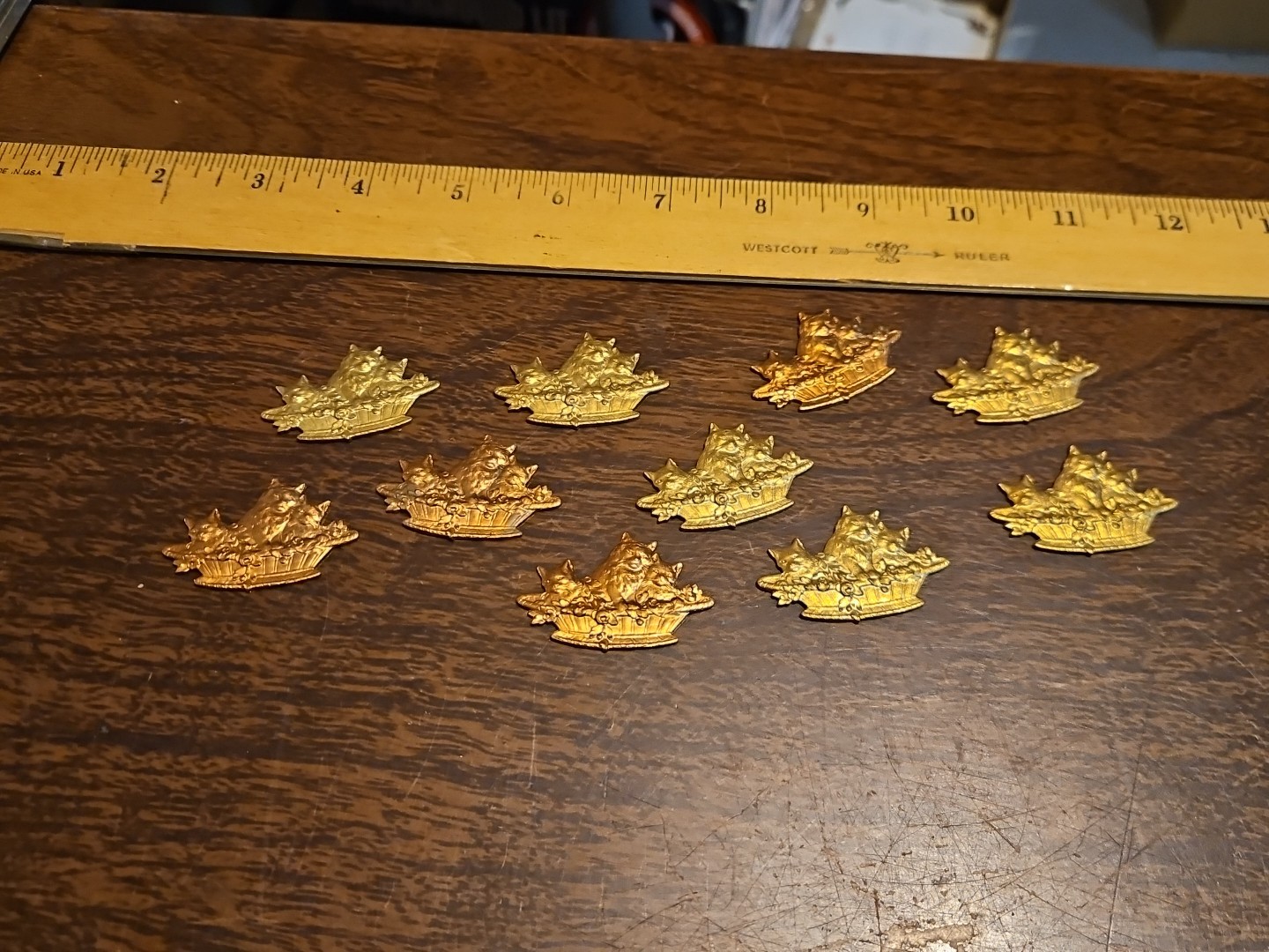 Lot Of 10 Cats In A Basket France Vintage 60s Brass Stampings Findings Jewelry