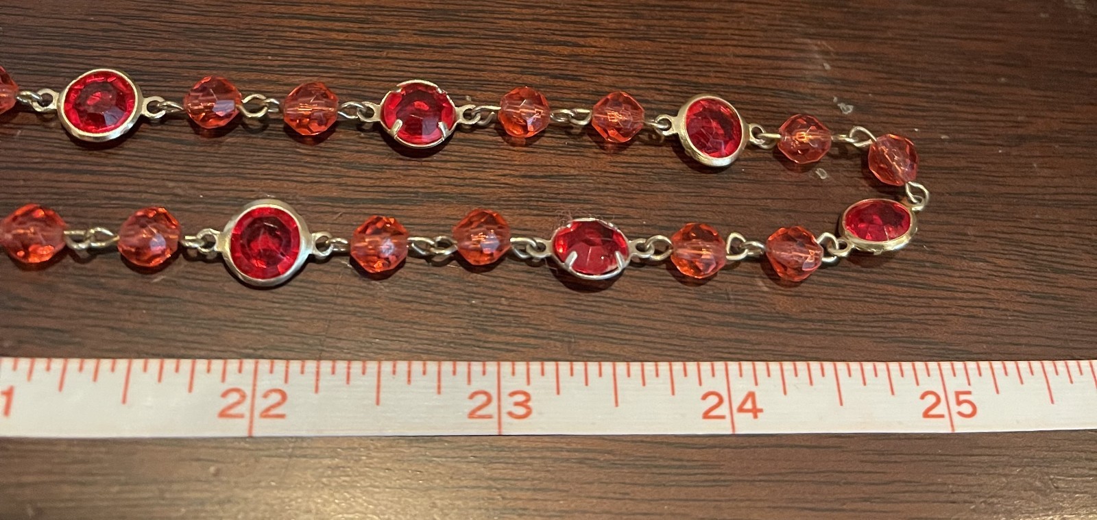 Vintage Long Open Bezel Red Plastic Lucite Necklace Gold Tone Chain