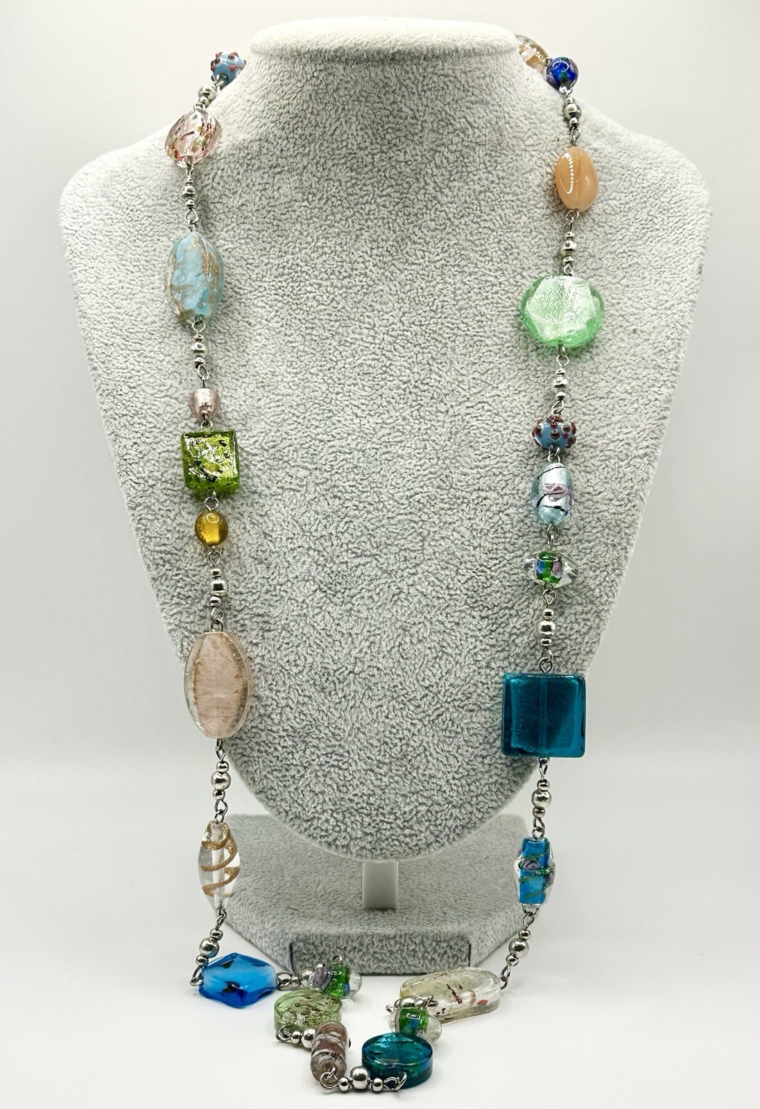 Vintage Murano Venetian Glass Necklace Chain Signed Premier Designs 33″-37″