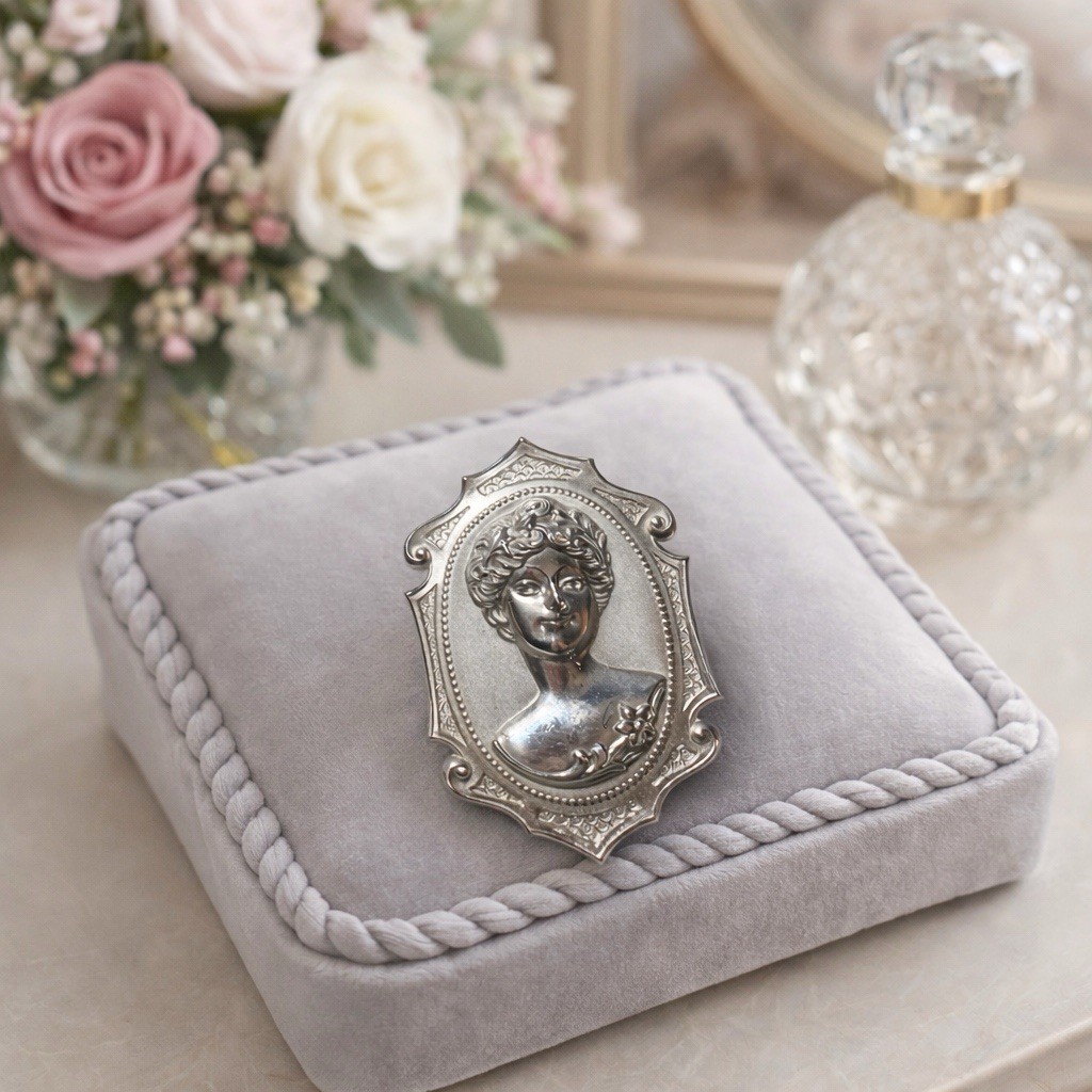 Vtg Silver Tone Repoussé Cameo Brooch – 2.5” – Victorian Style Reproduction