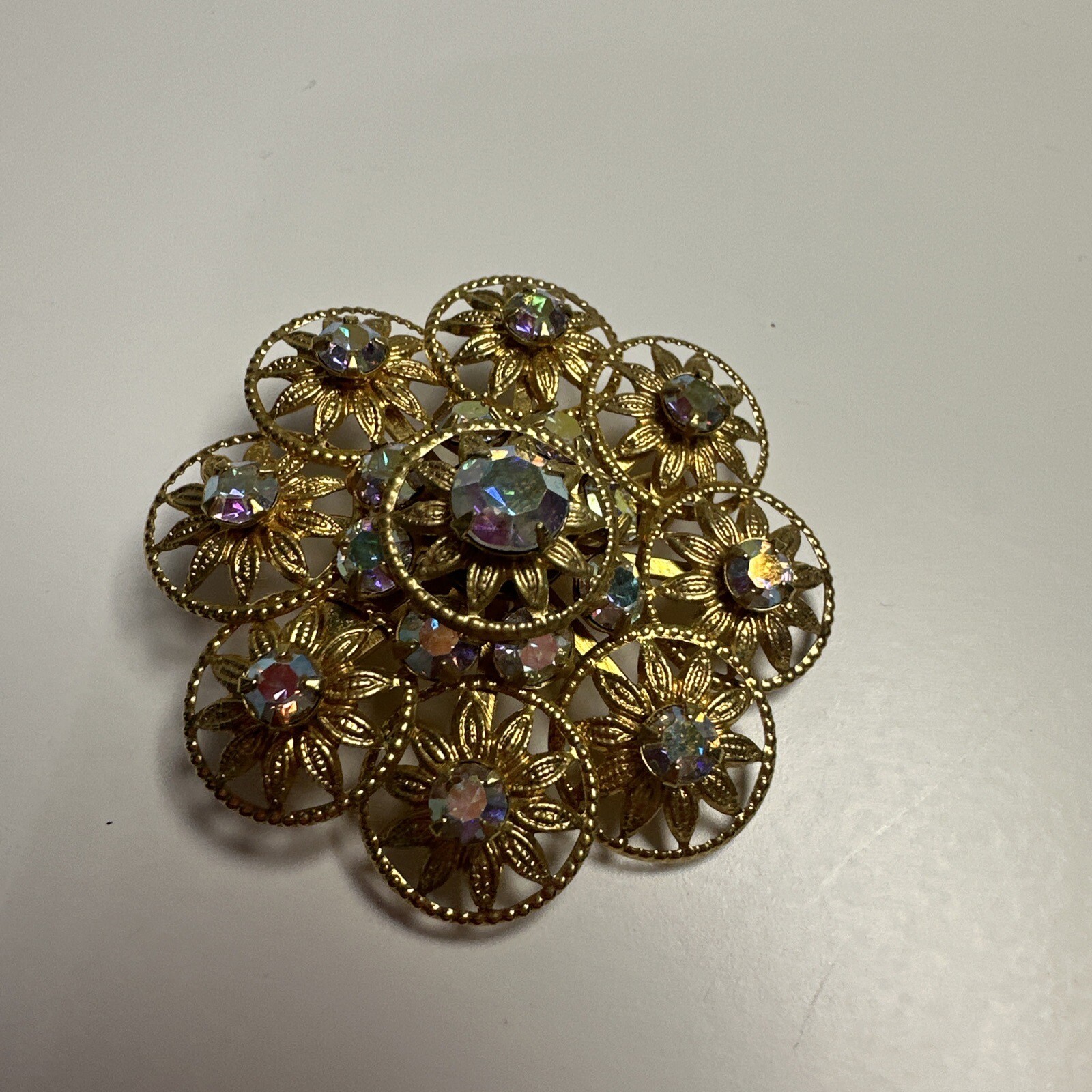 Vintage Gold Tone Round Floral Design Aurora Borealis Fashion Brooch 1.66 Inch