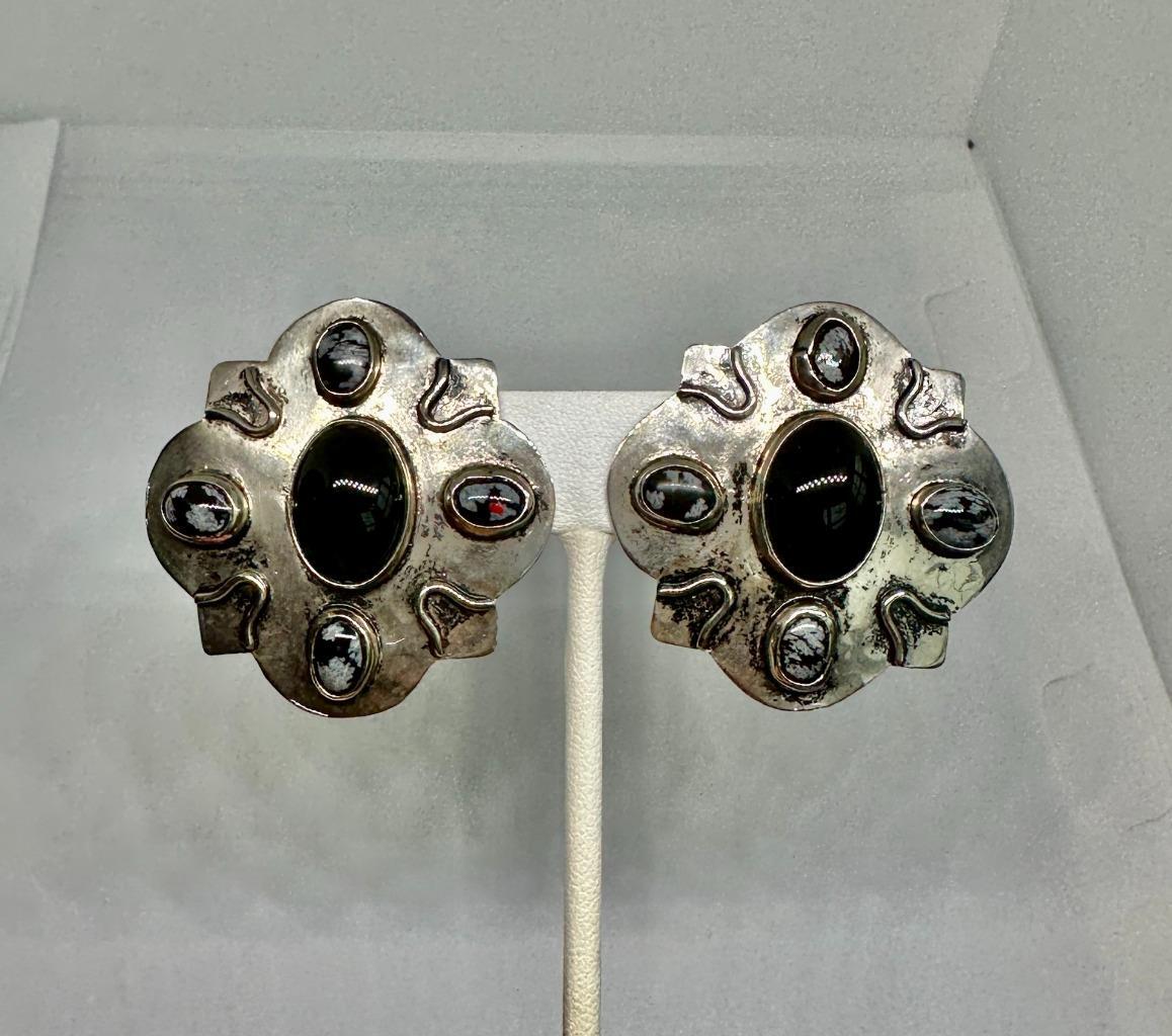 Vikki Carr Estate Native American Onyx Agate Silver Earrings Certificate Authent