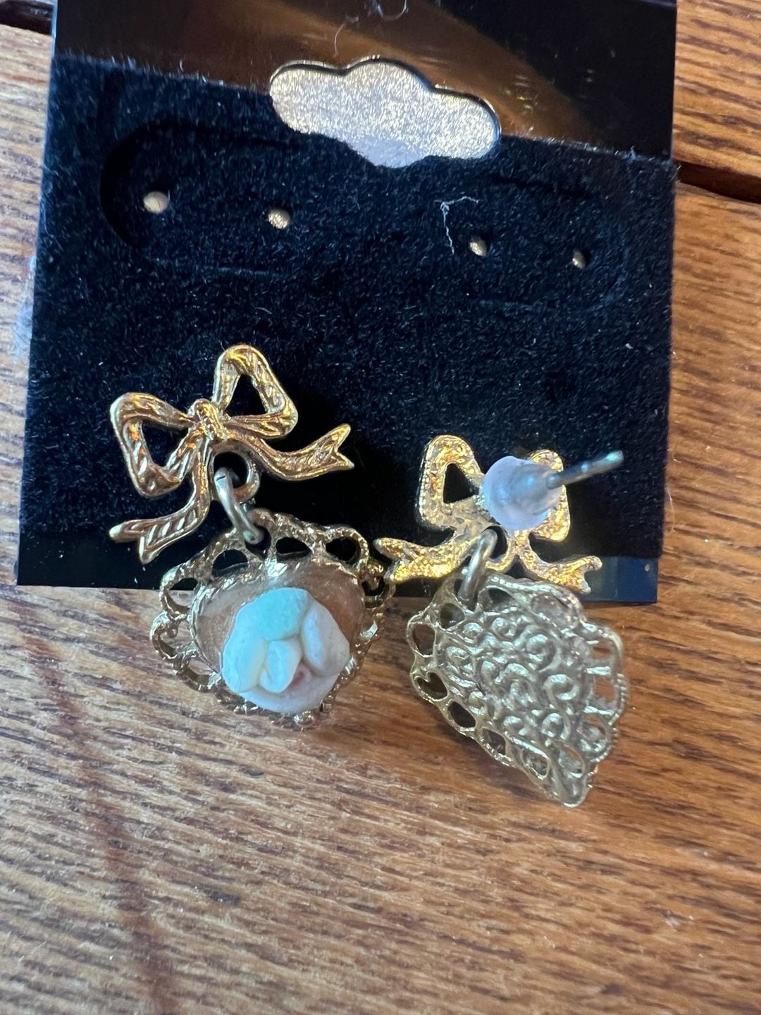 Vintage Gold-Tone Bow and Heart Drop Earrings with Floral Cameo Detail