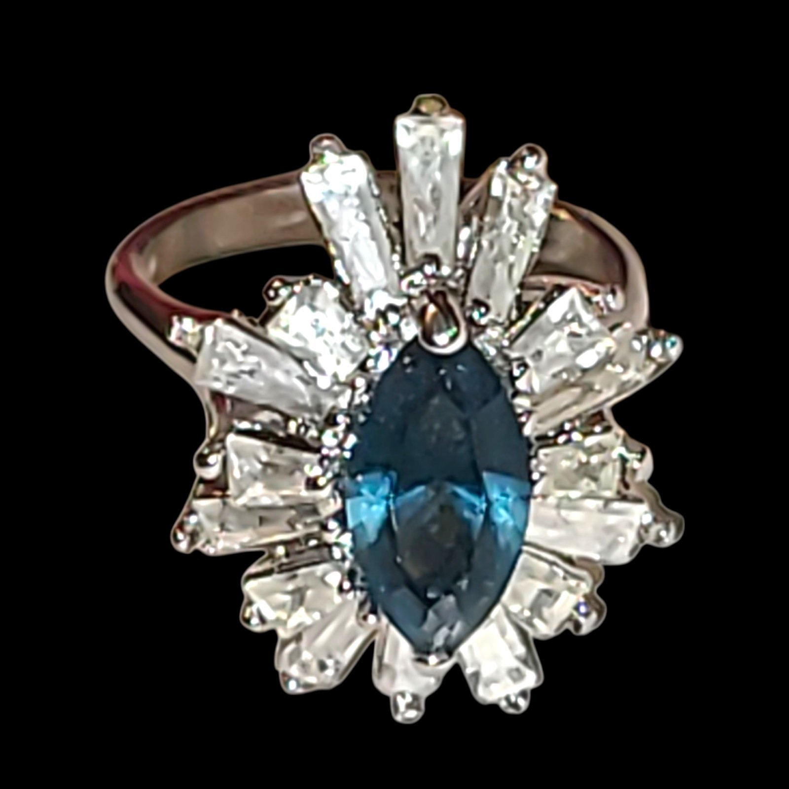 Vintage 18K HGE Blue Marquise CZ Starburst Ring Baguette Halo Cocktail Sz 9