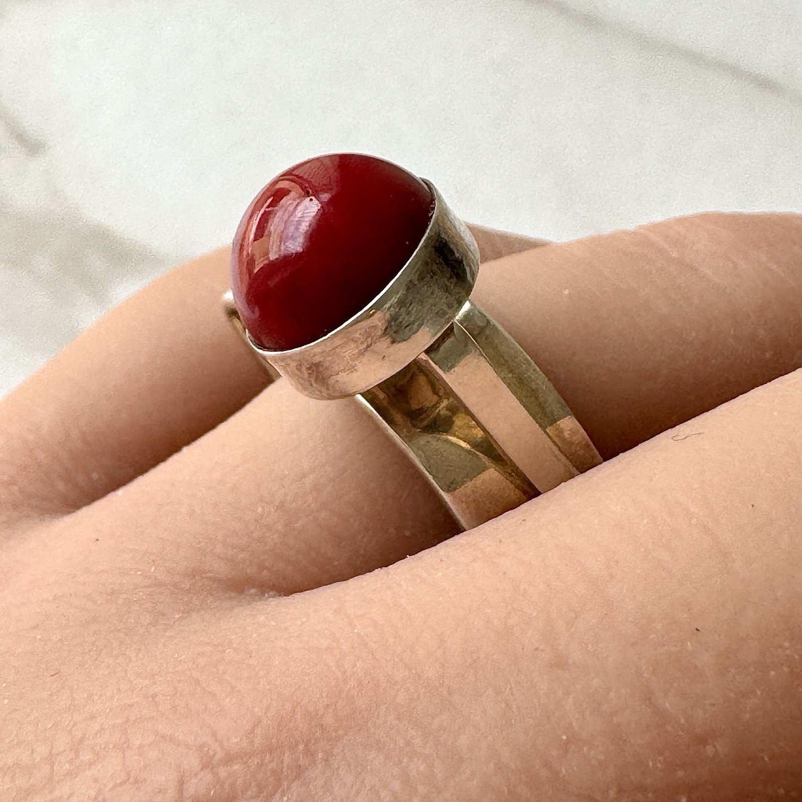 Red Index Finger Modernist Ring Square Geometric SZ 9 Signed Sterling Silver 925