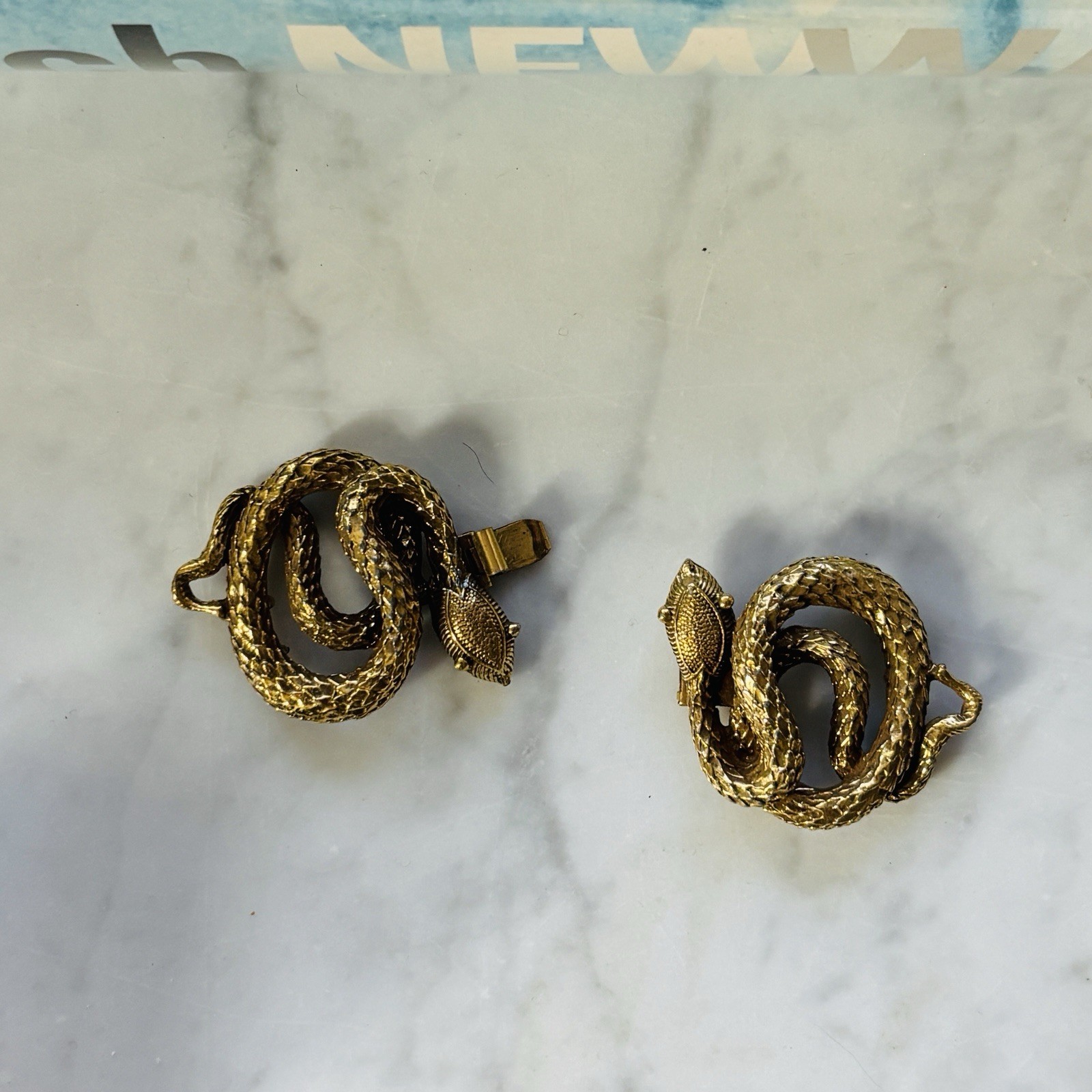 Antique Victorian Brass-Plated Repoussé Double Serpent Bracelet Clasp C. 1900