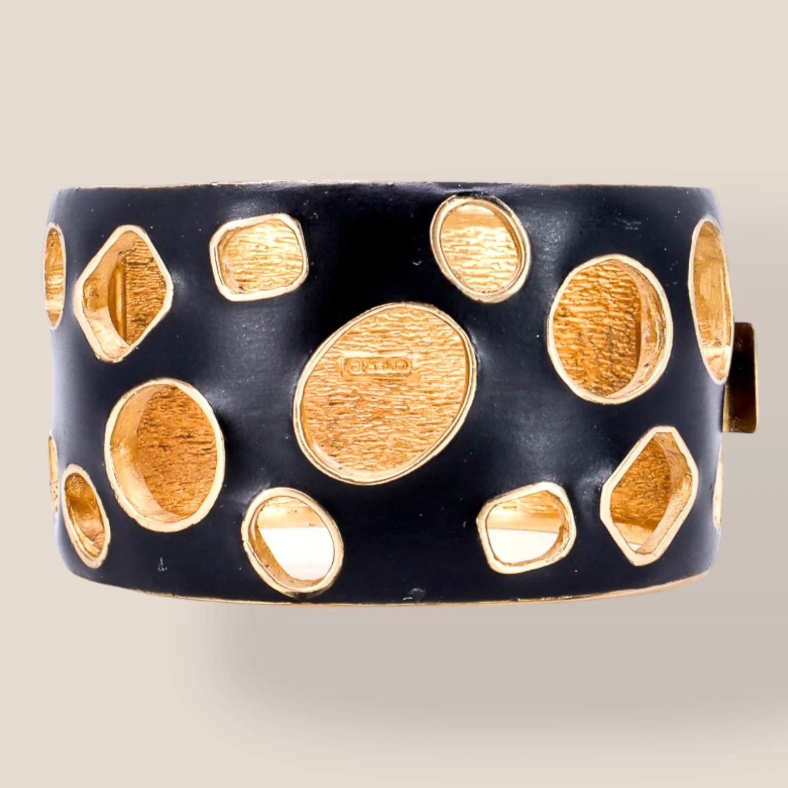 CINER, Signed Vintage, 18k Gold Plated, Jet Enamel Geometric Bracelet