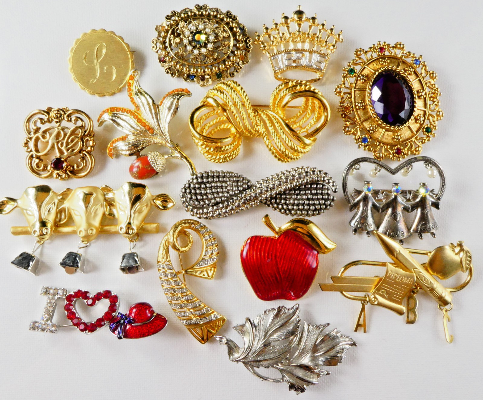 Vintage Pin Brooch Jewelry Lot 15 Piece Mixed Assorted Gold Tone All Pretty