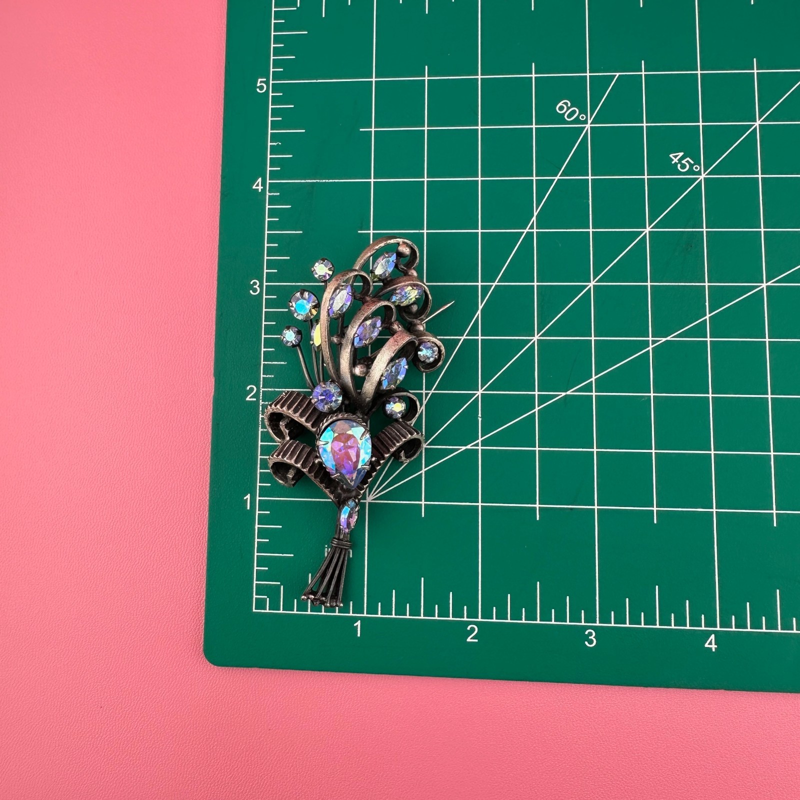 Vintage Rhinestone Brooch Aqua Blue Aurora Borealis Floral Bouquet Pot Metal?