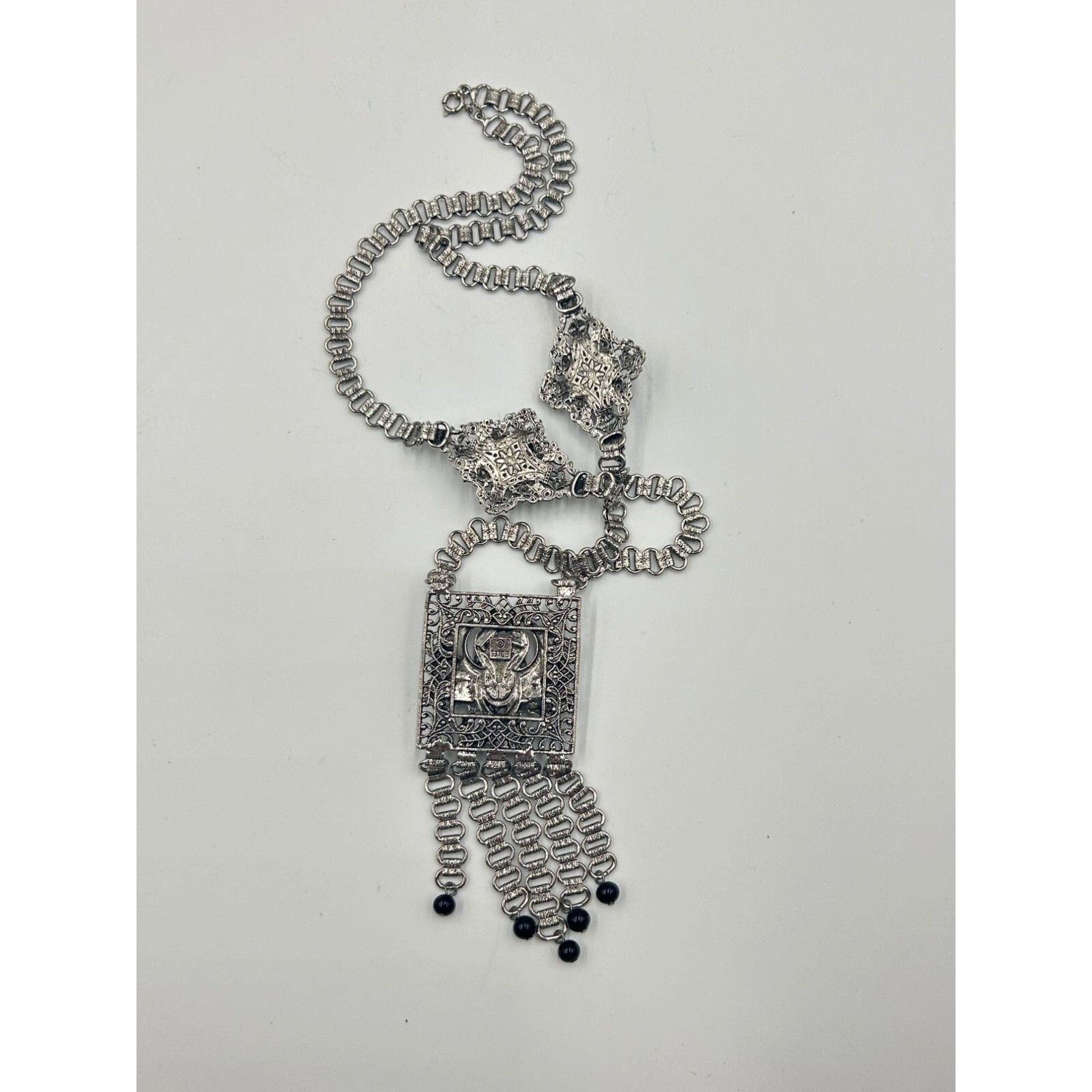 Signed EDLEE Vintage Necklace Silver Tone Dragons Ornate Bookchain Beads Dangles