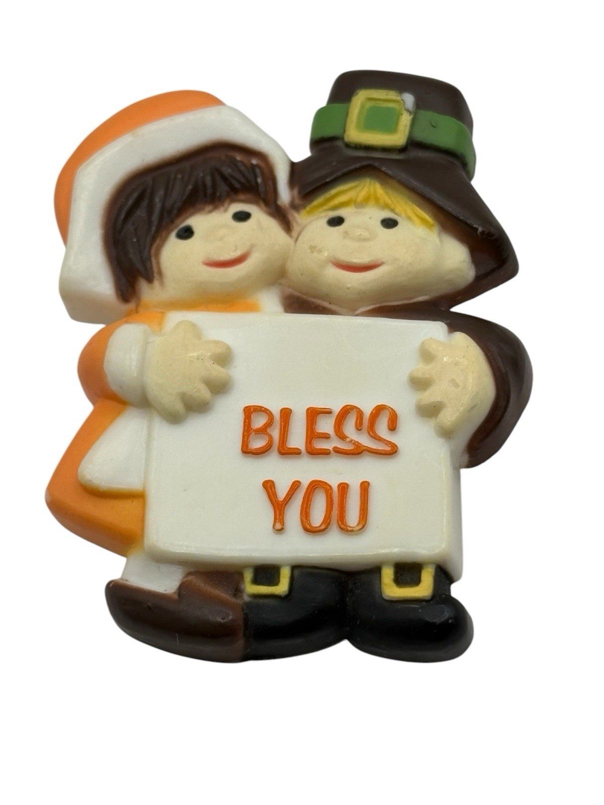Thanksgiving Pilgrims Pin Brooch BLESS YOU American Greetings VTG Religious 80s