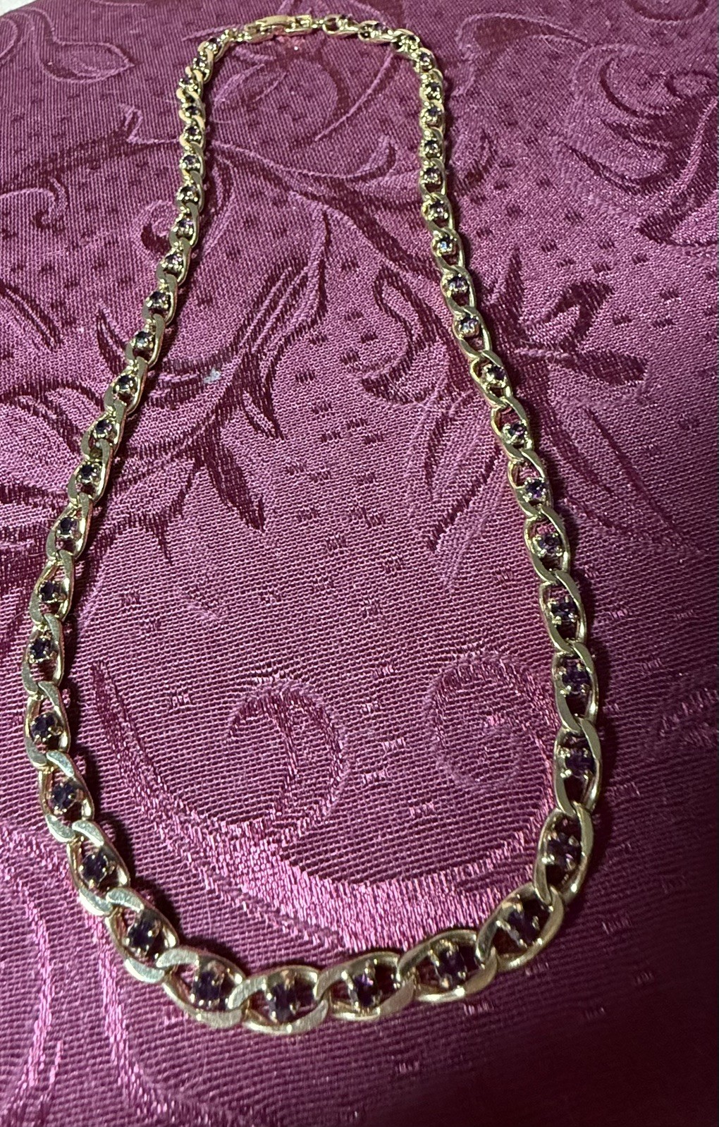 Vintage Givenchy Cuban Link Necklace Inlaid W/ A Dark Purple Stone Between Links
